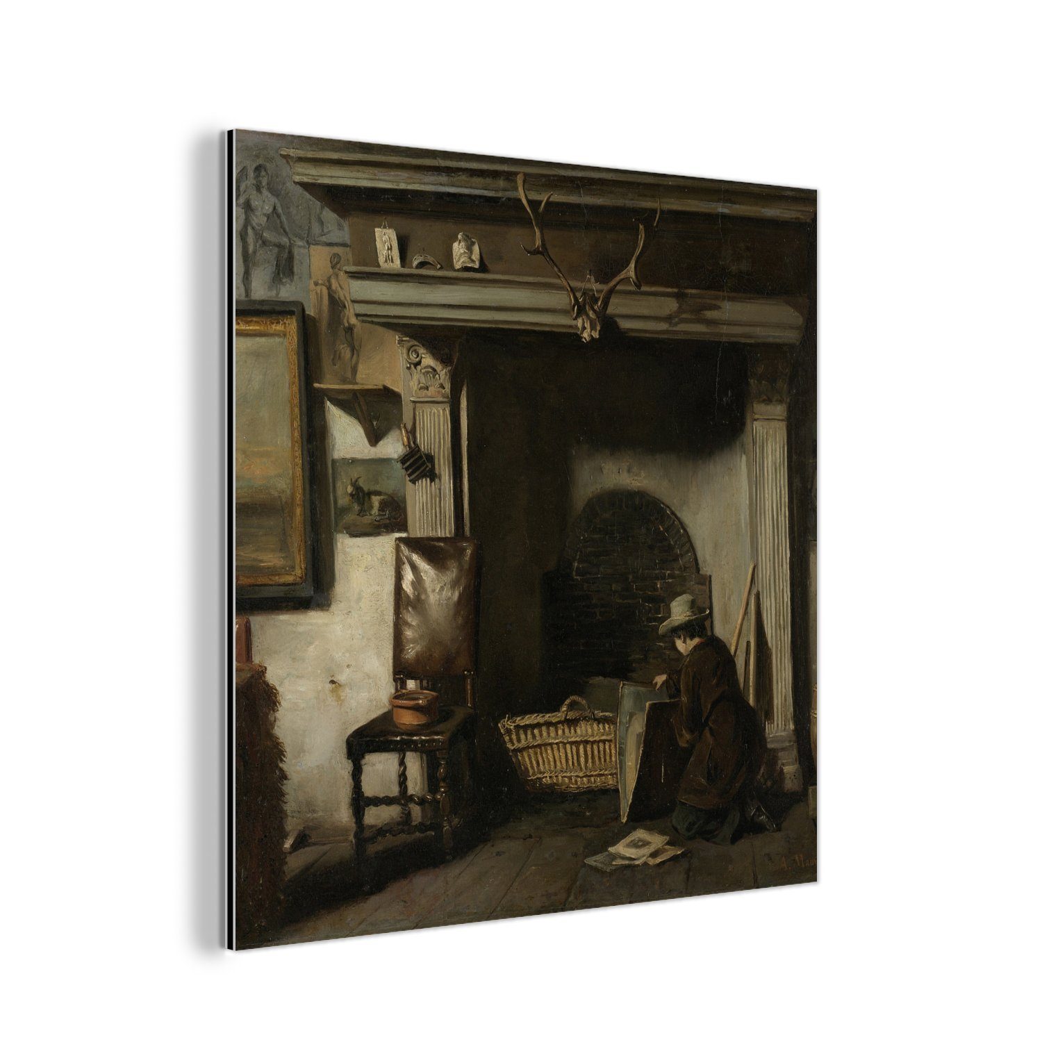 MuchoWow Metallbild Das Atelier von Pieter Frederik van Os, einem Maler aus Haarlem -, (1 St), Alu-Dibond-Druck, Gemälde aus Metall, Aluminium deko