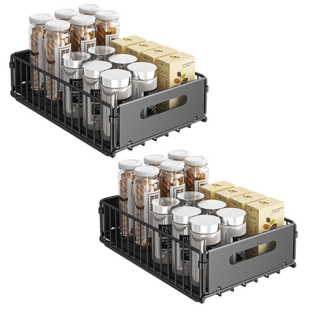 Allyson Schubladeneinsatz Ausziehbar Küchenschublade Teleskopschublade ohne Bohren Schrankauszug (2 Stück Flach), Vorratsorganizer aus Carbonstahl