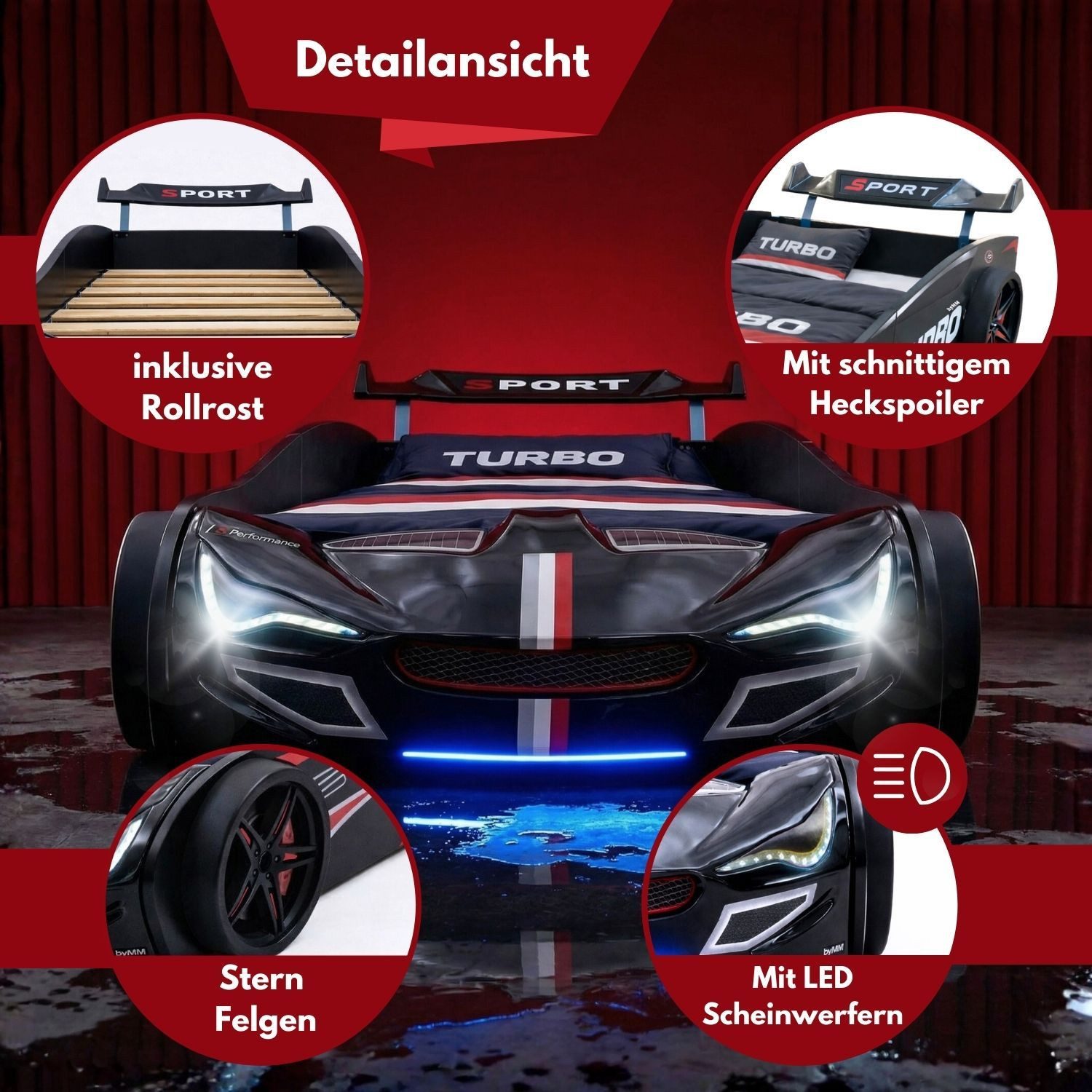Coemo Autobett GTE (1-tlg., Komplett-Set Bett und Lattenrost), Schwarz Autobett Rennwagen GTE mit Lattenrost Licht Motorgeräusche