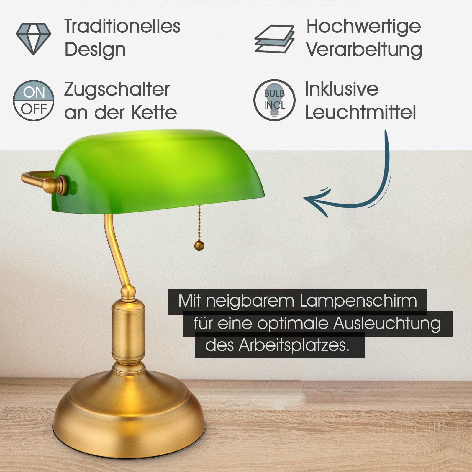 bmf-versand Tischleuchte Schreibtischlampe Retro Bankerlampe Grün günstig online kaufen