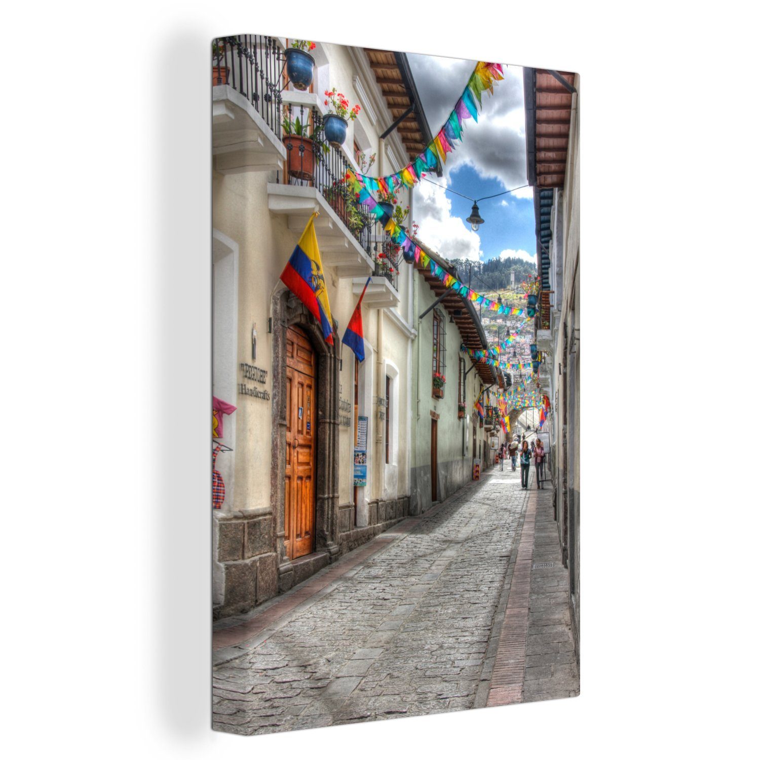 OneMillionCanvasses® Leinwandbild Ecuadorianische Flaggen und El Panecillo in Südamerika, (1 St), Leinwandbild fertig bespannt inkl. Zackenaufhänger, Gemälde, 20x30 cm