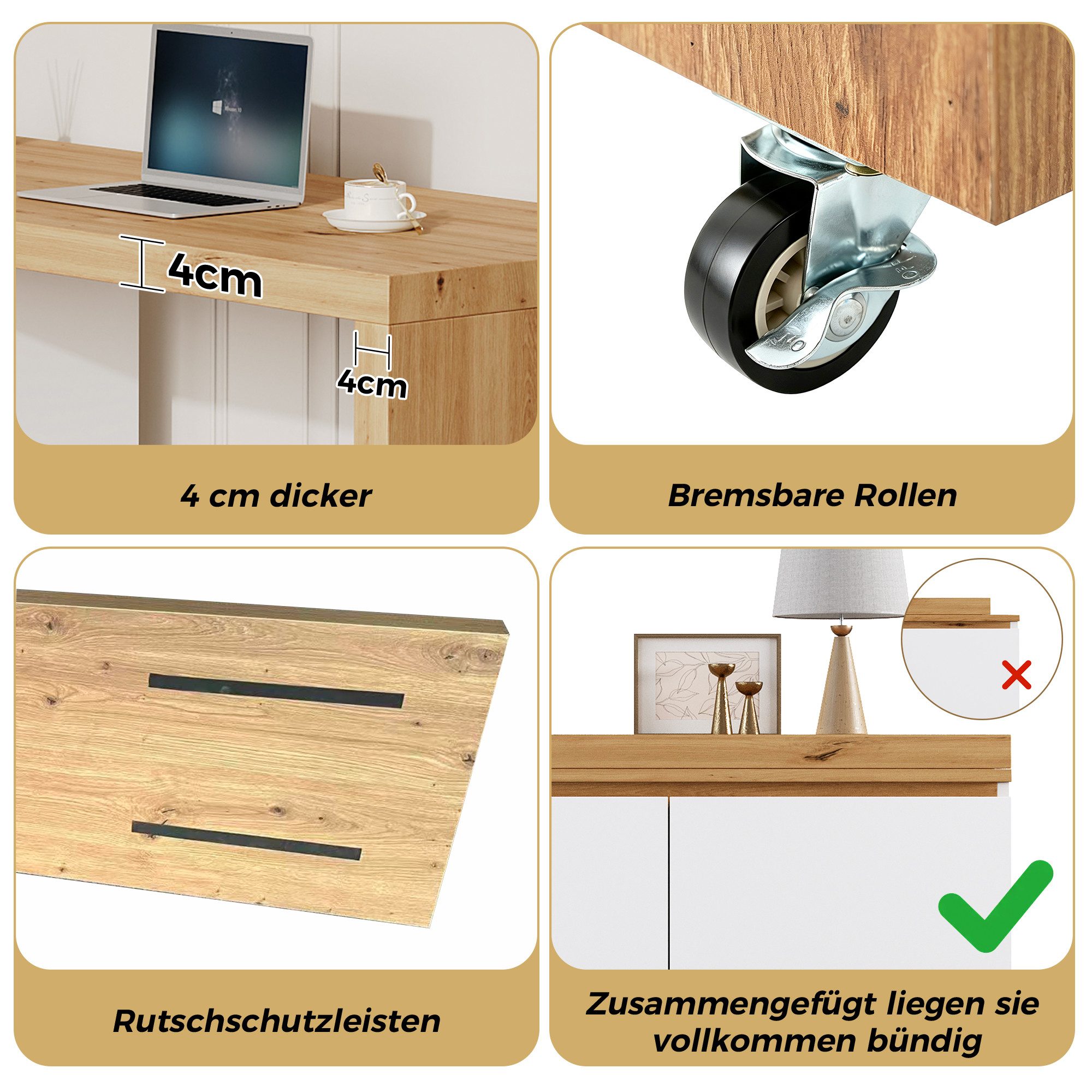 Flieks Schreibtisch 360° drehbar Tisch mit Rollen & Mehrzweckschrank mit 3 Türen (4 cm dickere Tischplatte, 1-St), beweglicher Eckschreibtisch Multifunktionssch – Bild 5 von 5