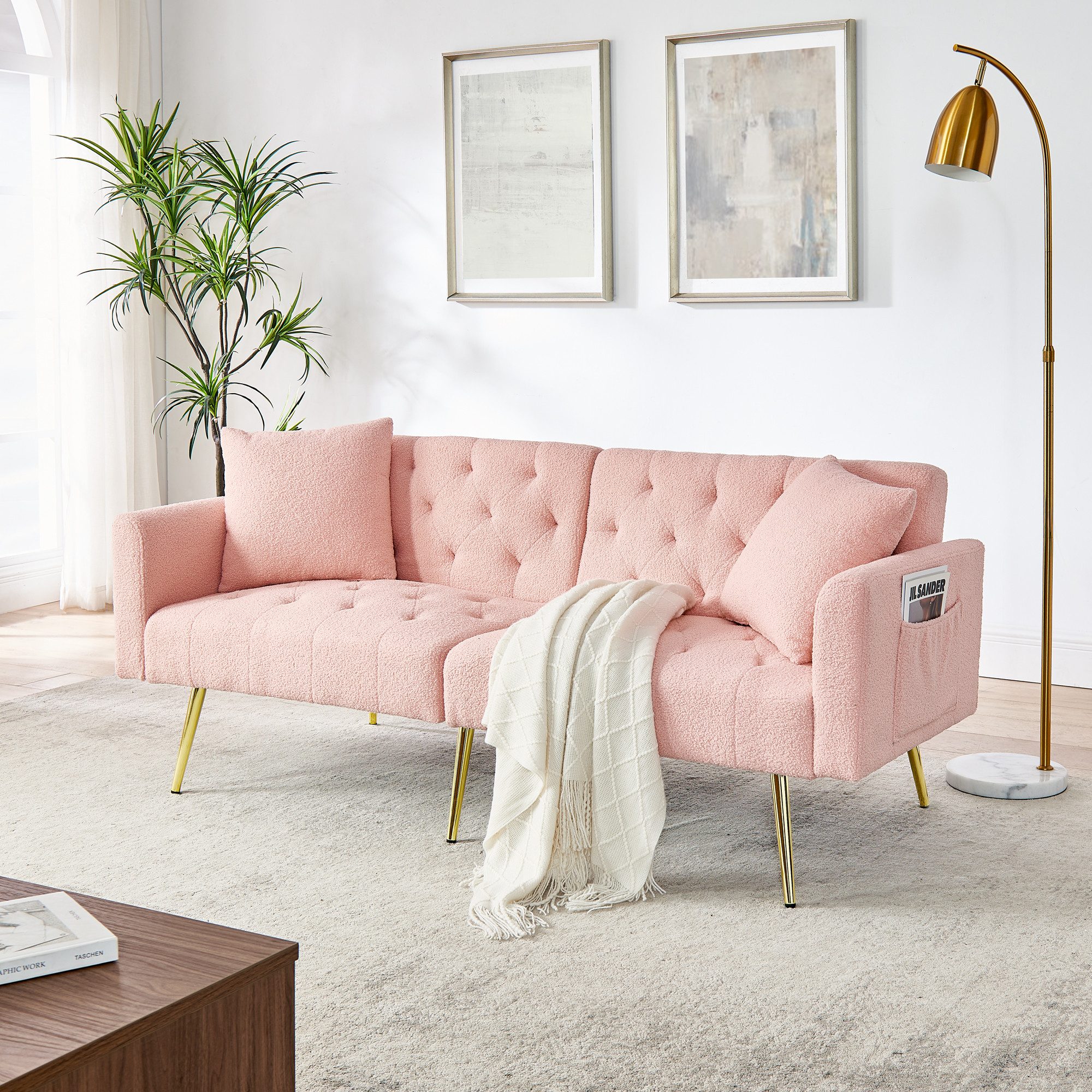 HAUSS SPOLE Schlafsofa aus Teddyfell-Bouclé,Zweiersofa Loungesofa mit 2 Kissen & Metallbeine, Set, für Wohnzimmer,Mietwohnung,kleines Apartment