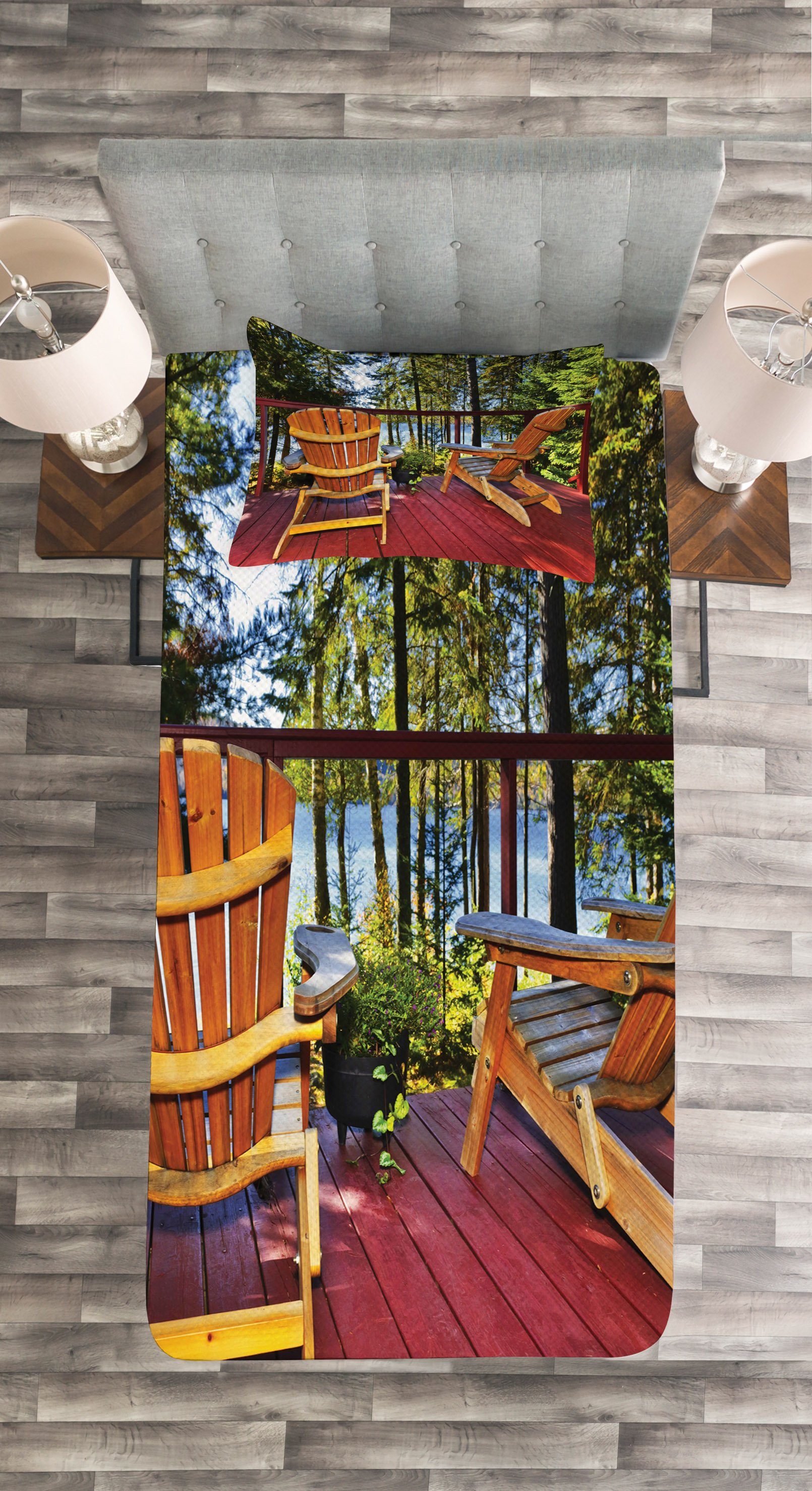 Tagesdecke Wald Set Kissenbezügen Adirondack Abakuhaus, Stühle Waschbar, auf mit Veranda