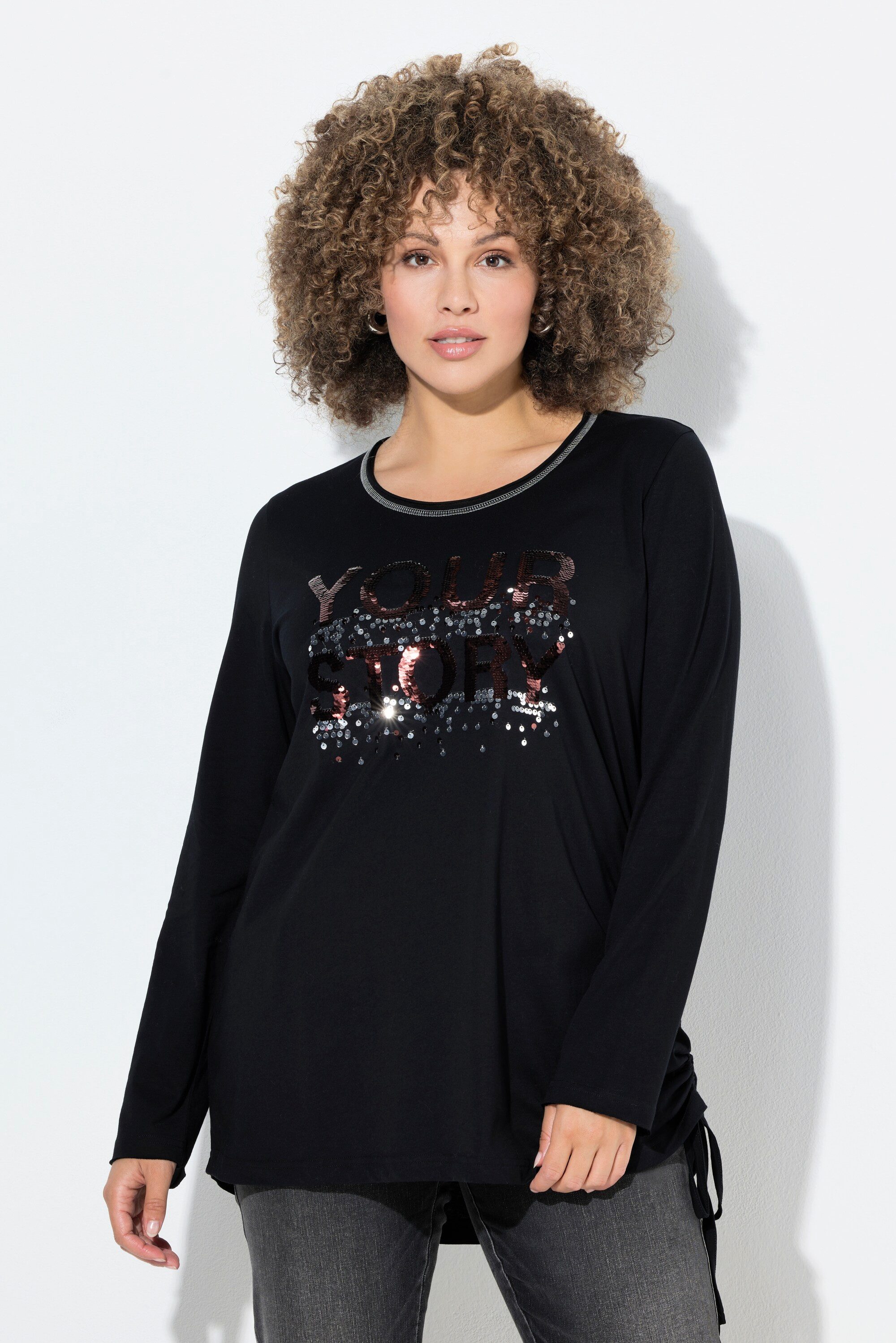 Ulla Popken Longsleeve Shirt Pailletten-Schriftzug Classic günstig online kaufen