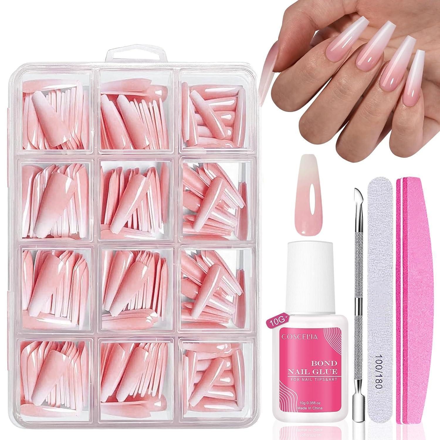 LuxusKollektion Kunstfingernägel Nagel Tips 240 Französisch Full Cover Weiß Rosa Pink Lange Ballerina