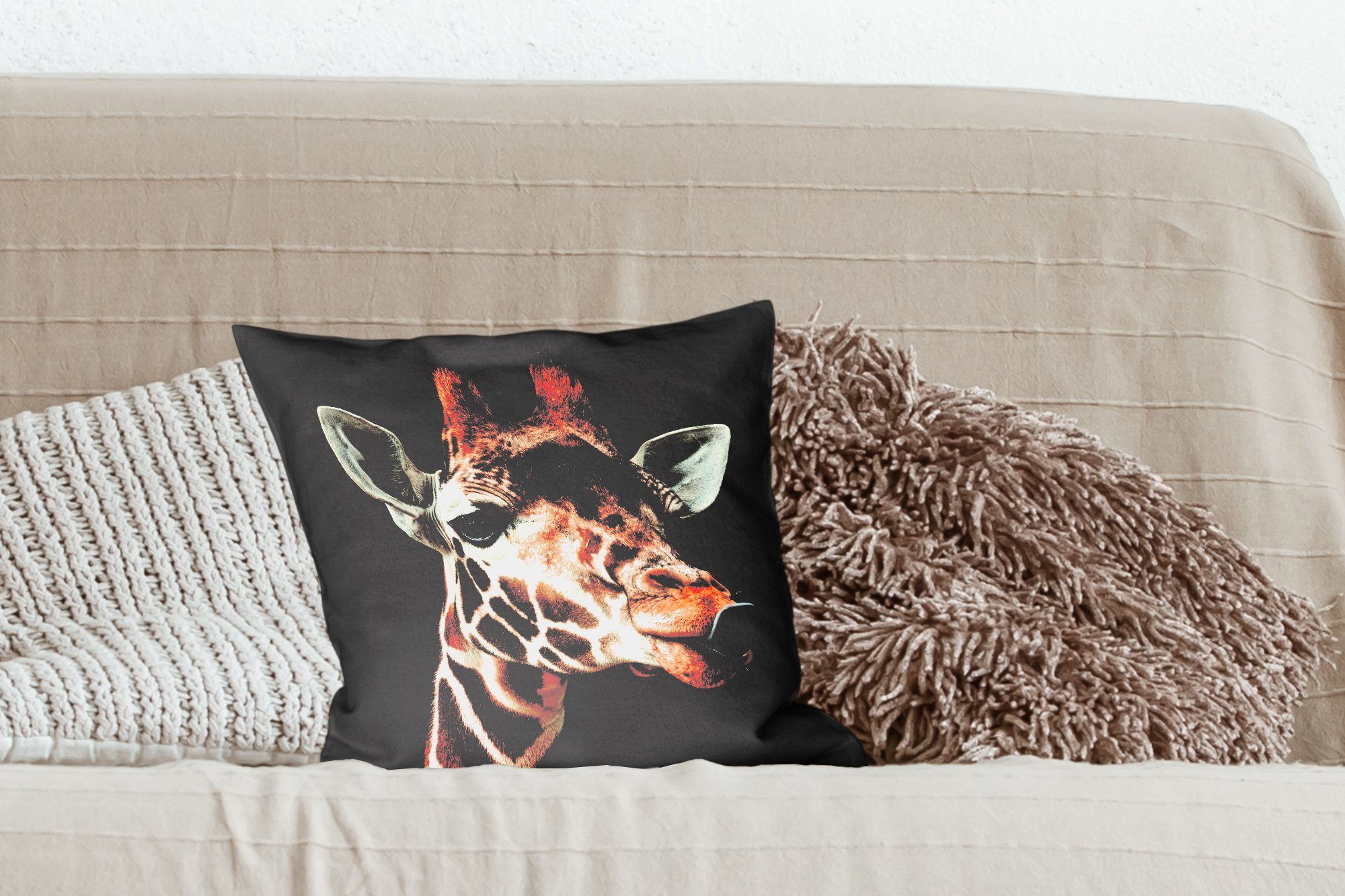 MuchoWow Dekokissen Schlafzimmer, Deko, für Tiere Giraffe Zierkissen - - mit Wohzimmer, Füllung Sofakissen Schwarz
