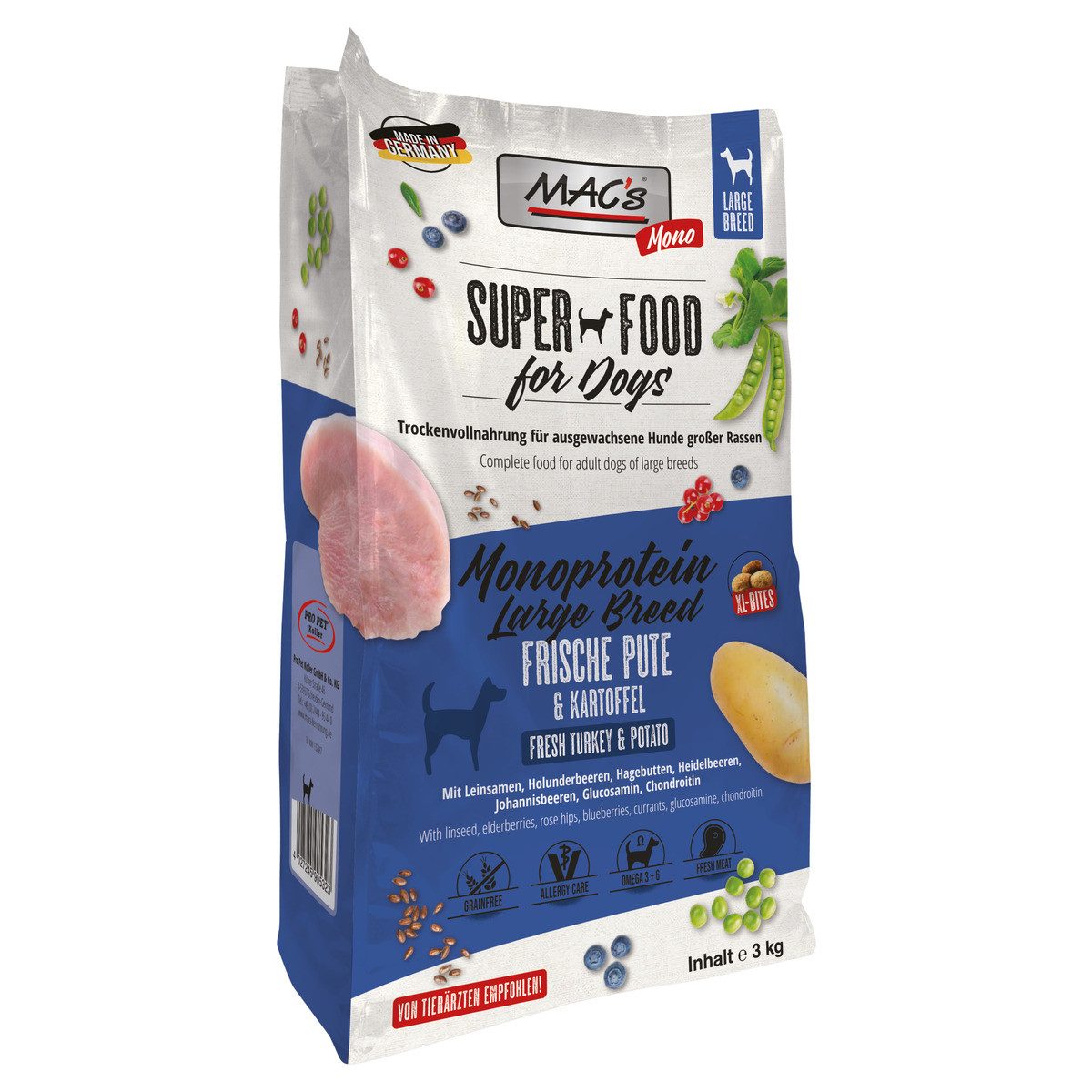 MAC'S Monoprotein Large Breed frische Pute 3 kg, Trockenfutter für: Hund