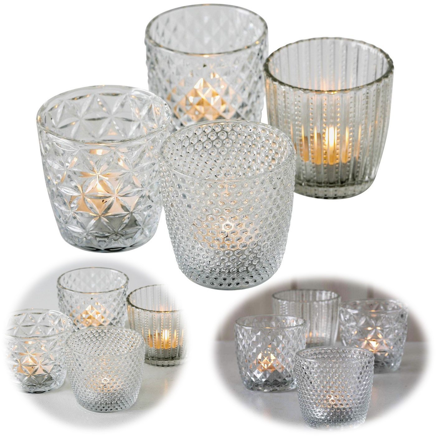 LS-LebenStil Teelichthalter 4´er Set Teelichtgläser Retro Weiß Klar 7cm Glas Windlicht (4´er Set Kristall Ornament Windlicht für Teelichter, 4 St., Halter Kerzenständer Tischdeko Kerzenhalter Gläser für Teelichter), 7x7cm, 4´er Set Kristall Ornament Windlicht für Teelichter