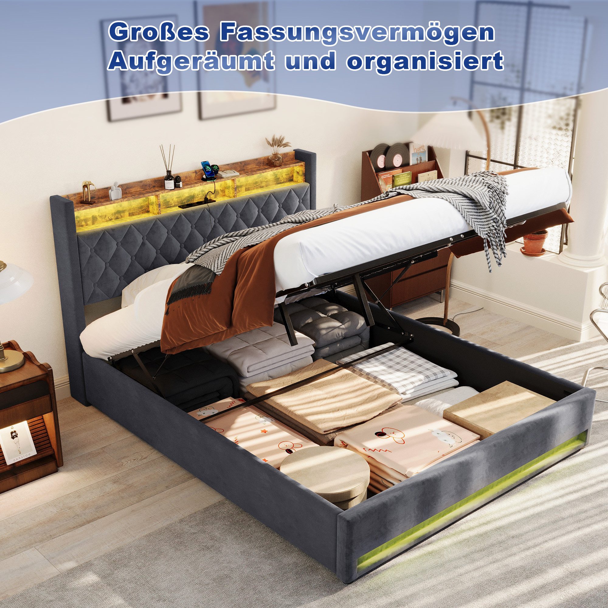 OKWISH Polsterbett mit holländischem Samt – Modern & Elegant (In 5 Größen erhältlich • Hochelastischer Schaum • Mit Lattenrost, 1-tlg), Mit LED-Lichtleiste und USB-Aufladung