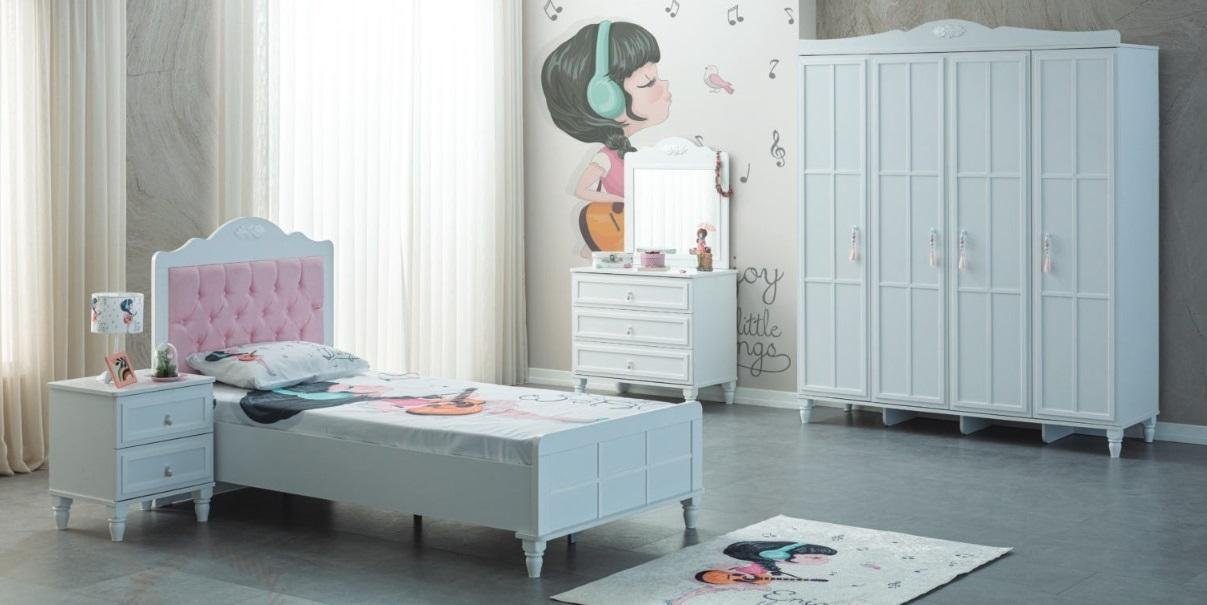 JVmoebel Schlafzimmer-Set Luxus Komplette Kindermöbel Kinderbett Weiß Holz Set Kinderzimmer, (5-St., Kinderbett, Nachttisch, Kleiderschrank, Kommode, Spiegel), Made in Europa
