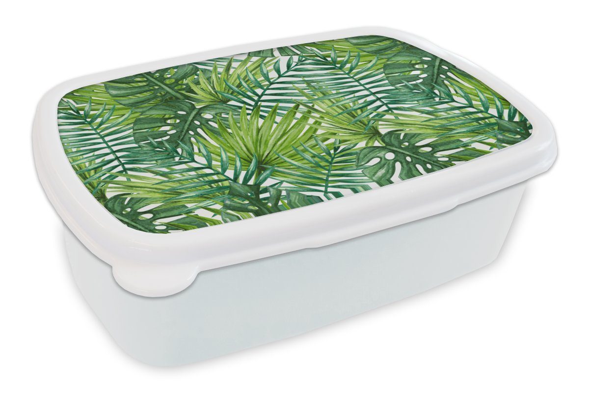 MuchoWow Lunchbox Blätter - Palme - Muster, Kunststoff, (2-tlg), Brotbox für Kinder und Erwachsene, Brotdose, für Jungs und Mädchen weiß