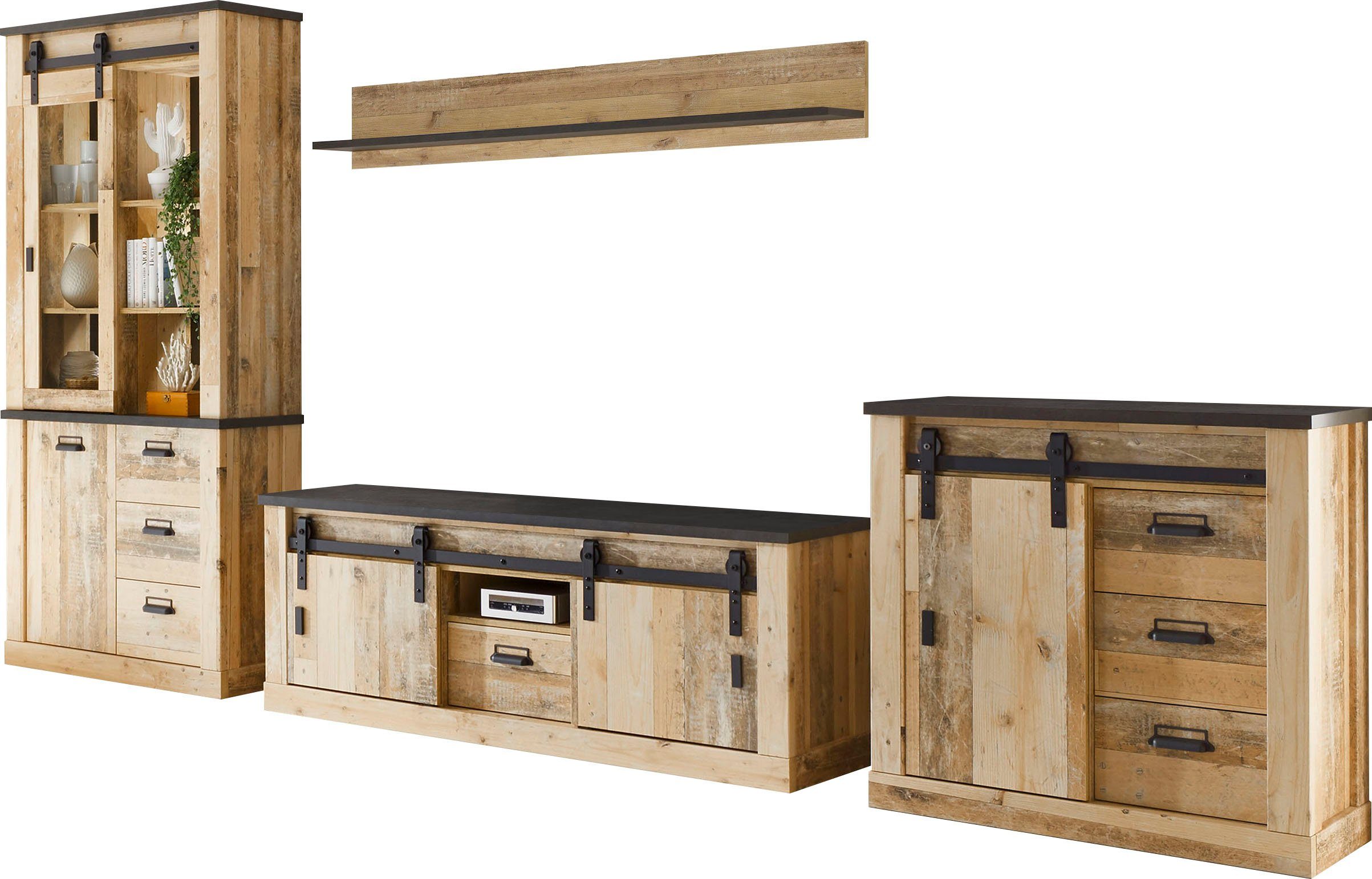 Home affaire Wohnwand Sherwood, Anbauwand im Industrial-Style, Komplettset, Wohnzimmer-Set, (4-St), enthält Vitrine, Lowboard, Kommode & …