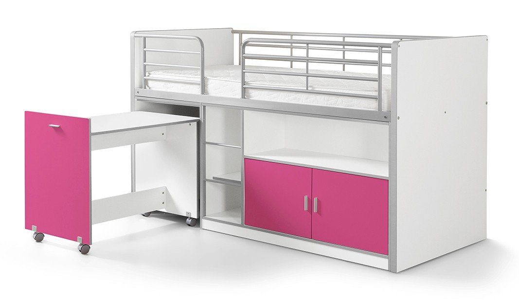 Kindermöbel 24 Hochbett Tomek weiß - pink inkl. Schreibtisch