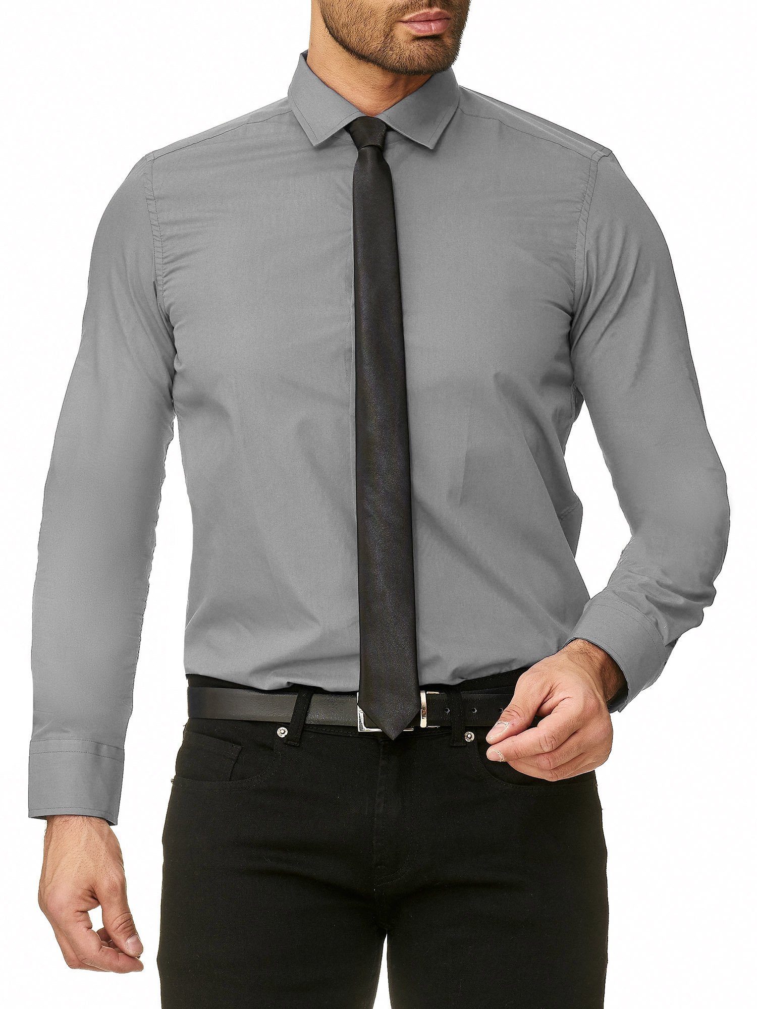 Reslad Langarmhemd Reslad Herren-Hemd Slim-Fit + Krawatte SET Bügelle  Freizeithemd Businesshemd Hemd + Krawatte SET