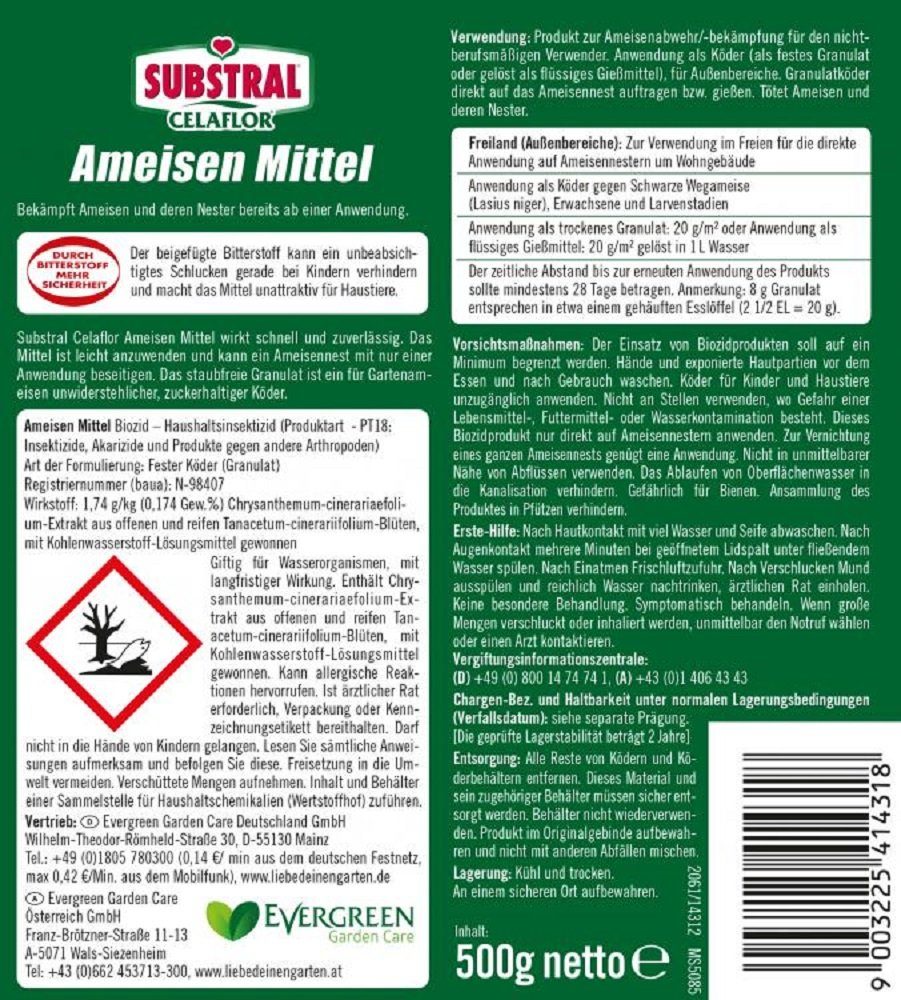 Substral Insektenvernichtungsmittel Substral Celaflor Ködergranulat Lockw 500g staubfreies Ameisen-Mittel