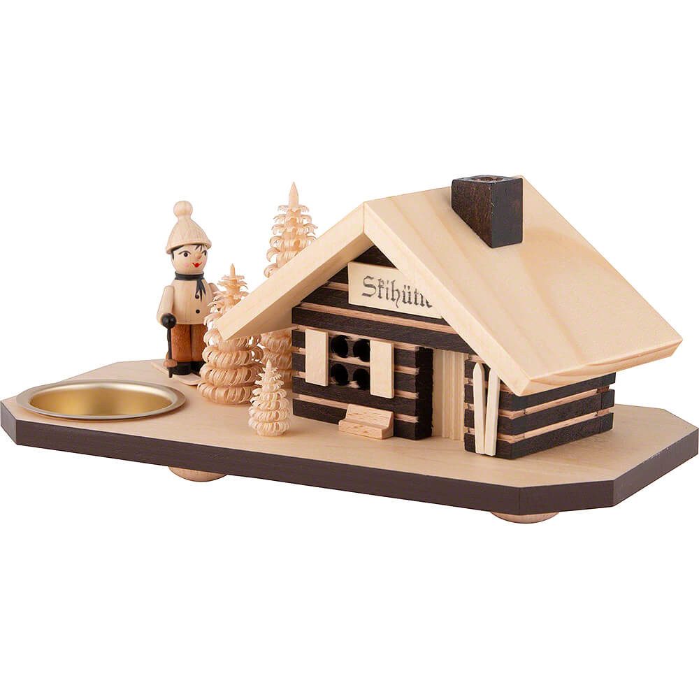Dregeno Erzgebirge Räuchermännchen Räucherhaus Skihütte mit Skifahrer, für Teelicht (10cm) von Dregeno Se