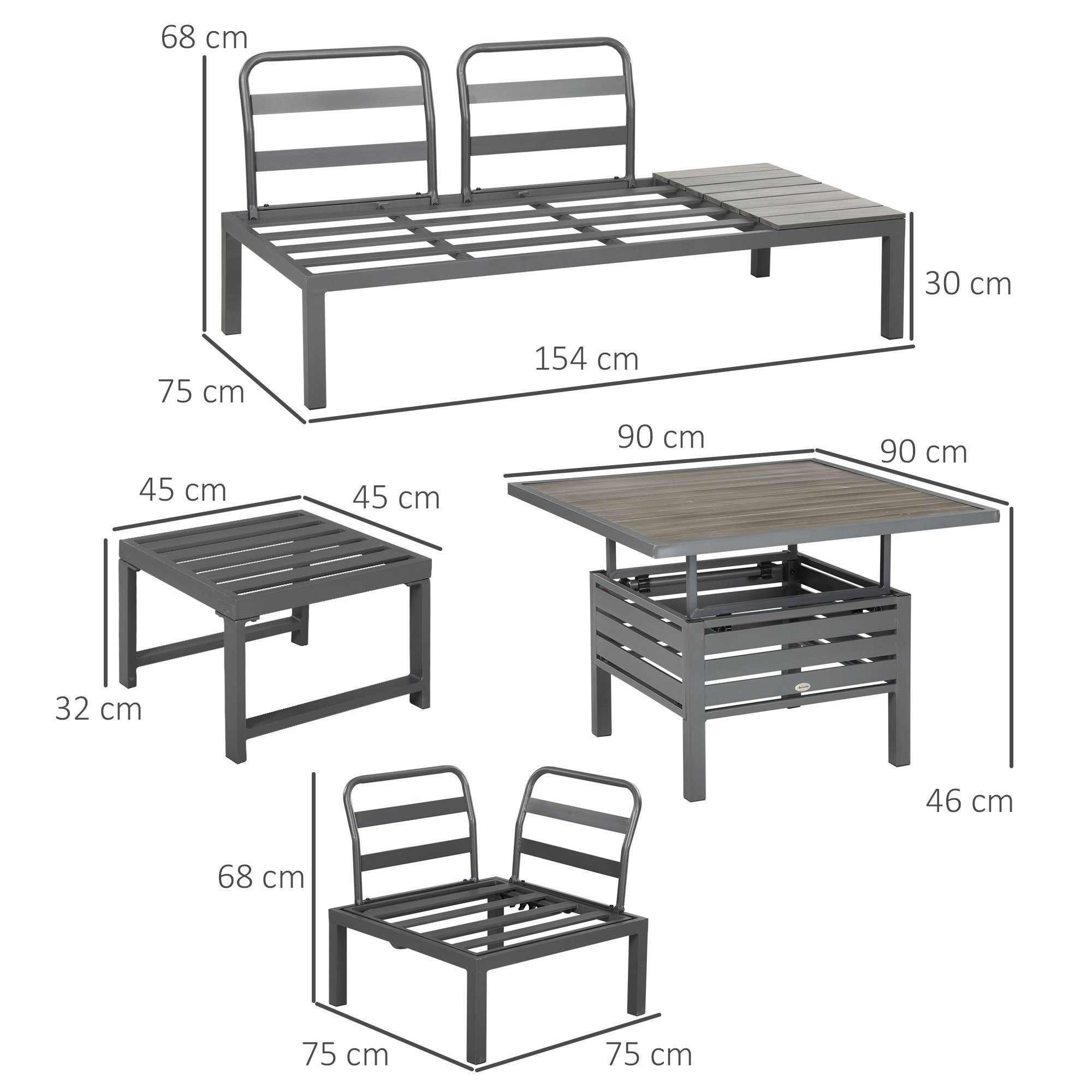 mit Outsunny 6-teilig, Rückenkissen, Terrassensitzgruppe, Tisch und mit Sitzgruppe Gartenmöbel-Set), 6-tlg., (Set, Sitz-