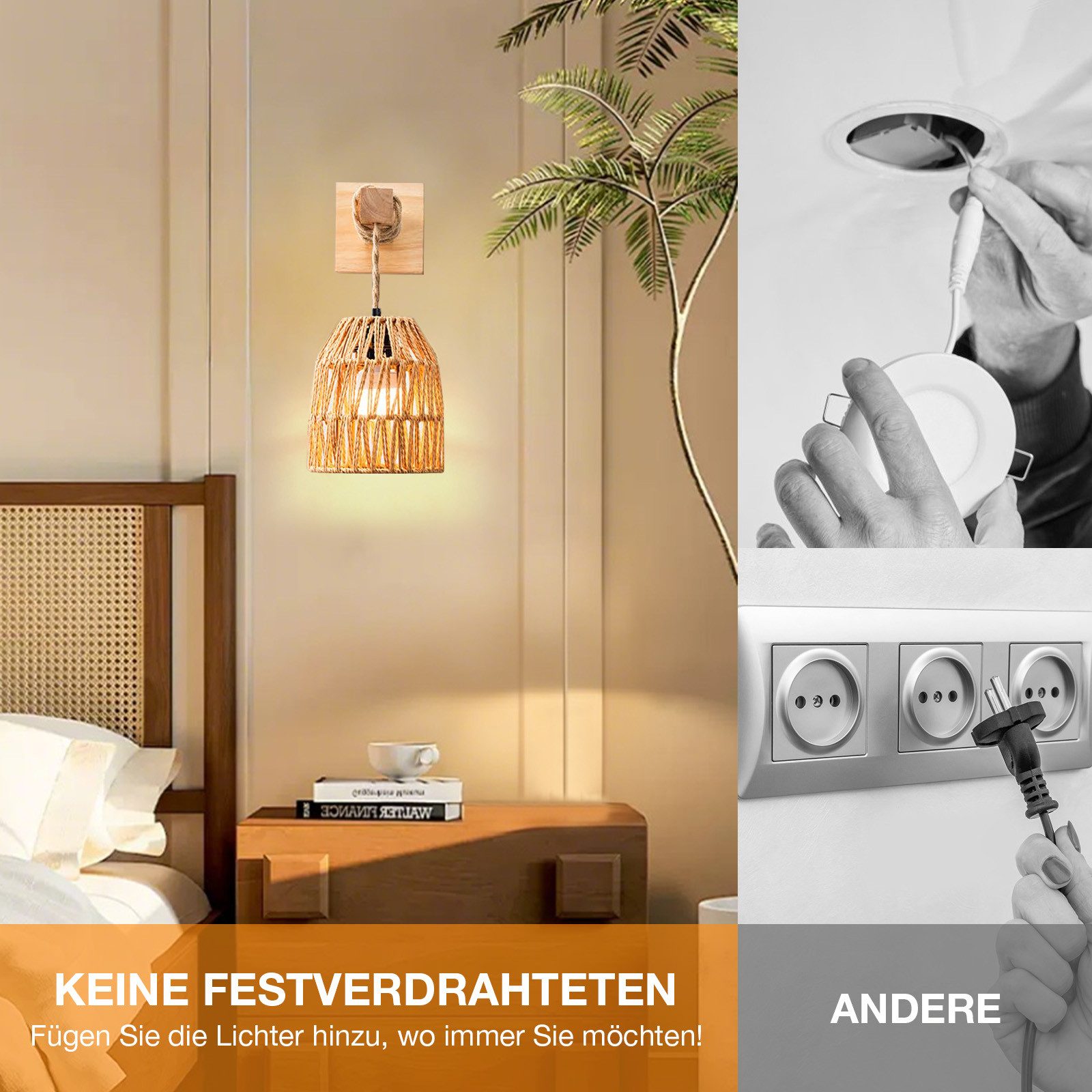MUPOO Wandleuchte Rattan-Wandleuchte Boho LED Wandleuchte innen,RGB,Batteriebetriebene, 1 Stück, Fernbedienung, 15 Farben, Dimmbar E27 Leuchtmittel, Timer