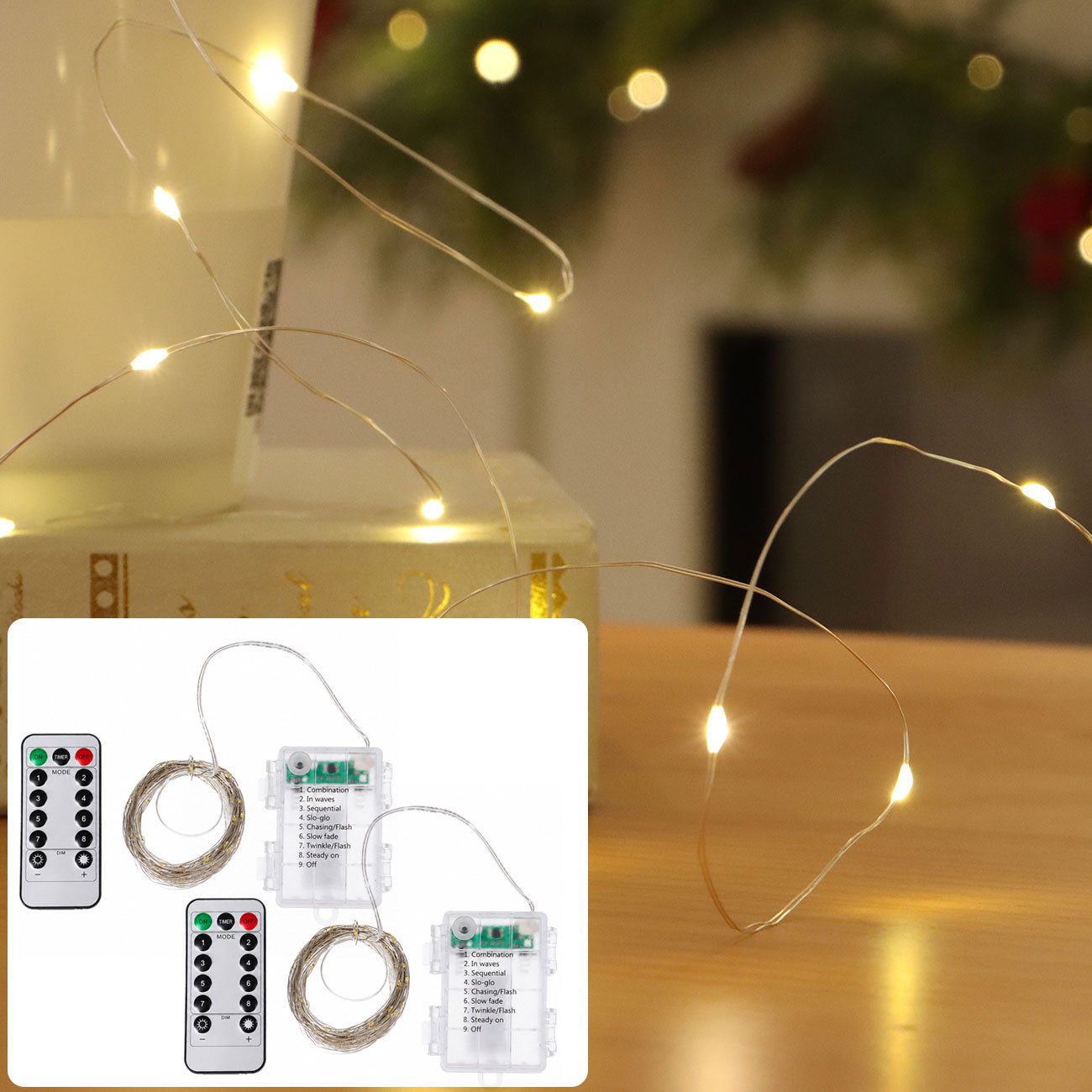 shop'n smile ideoon LED-Lichterkette LED Micro Draht Lichterkette 10m 100 LEDs Warmweiß Timer Fernbedienung, 10m Micro-Drahtlichterkette, 8 Leuchtmodi, Infrarot