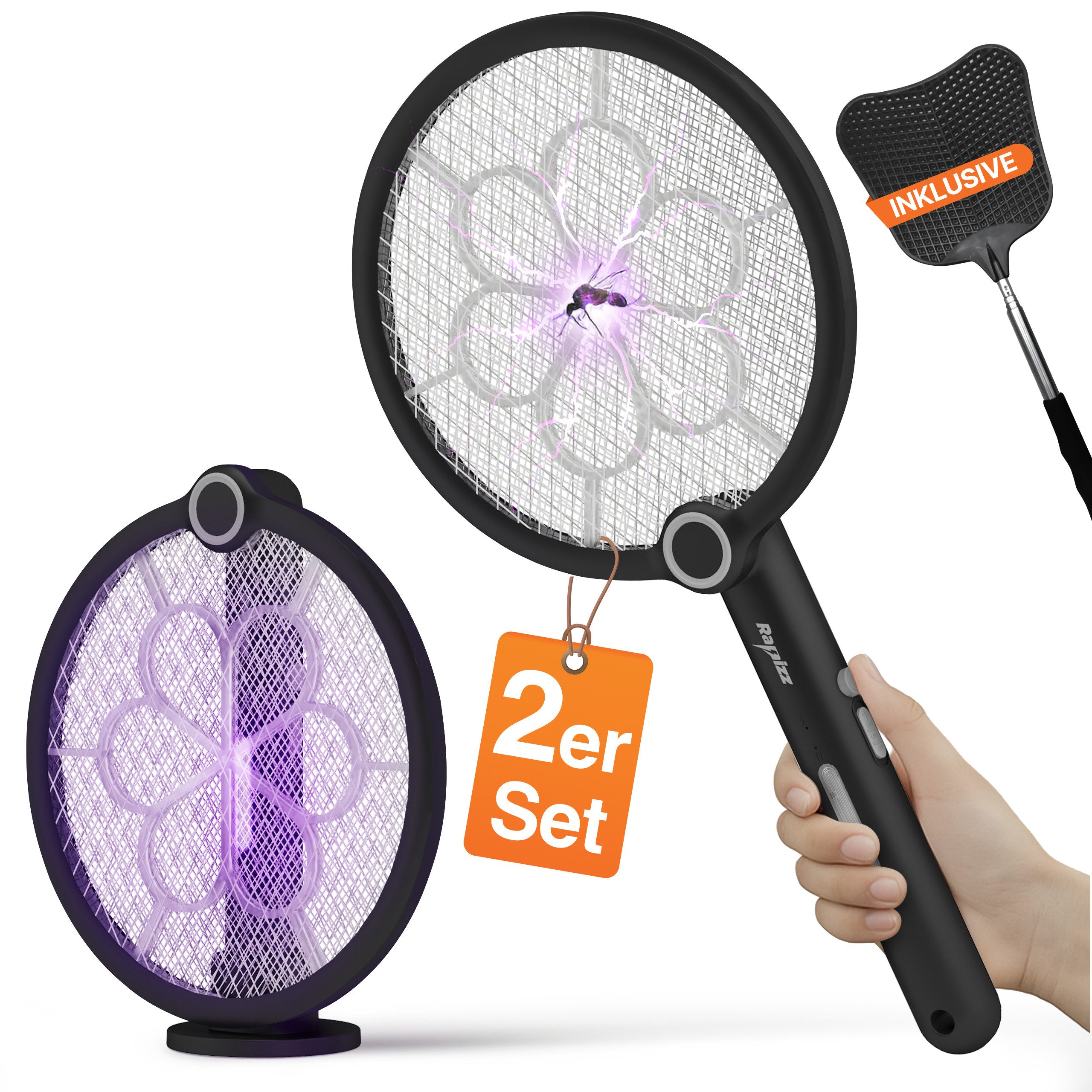 RAPIZZ Fliegenklatsche 2er Set - Elektrischer Insektenfänger - 2in1 Funktion - Mit Akku, Gratis Fliegenklatsche - Inkl. USB-Ladekabel - Als Schläger & UV-Falle
