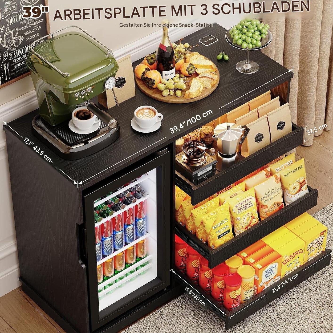 BROTTAR Kühlschrank Snackschrank - Kaffeebar mit Kühlschrank, LED-Beleuchtung BC-92S, 83 cm hoch, 100 cm breit, mit Stauraum und Bewegungssensor, Schwarz – Bild 4 von 5