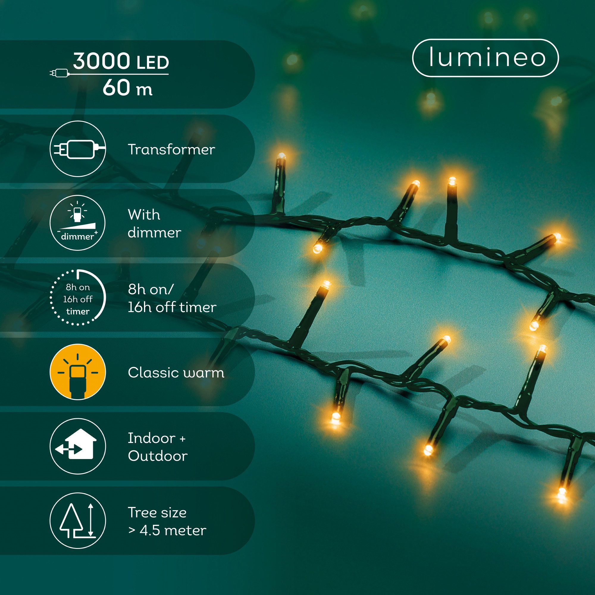 Lumineo LED-Lichterkette Lumineo Lichterkette COMPACT 3000 LED 60m klassisch warm, grünes Kabel, Dimmbar, Timer, Indoor/Outdoor, + 5 m Zuleitung