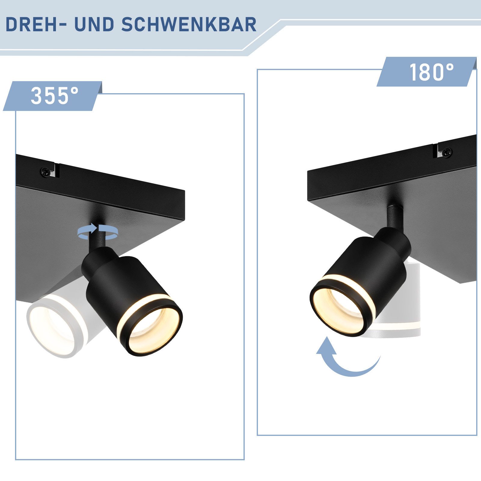 Nettlife Deckenspots Schwarz 1/2/3/4 Flammig GU10 Schwenkbar Innen Metall Deckenstrahler, Schwenkbar 355°, ohne Leuchtmittel, für Flur Wohnzimmer Küche Schlafzimmer