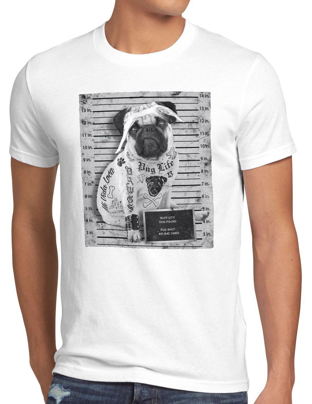 style3 Print-Shirt tätowiert inked hund Herren Mops biker T-Shirt Tattoo weiß us rock pug gangster punk