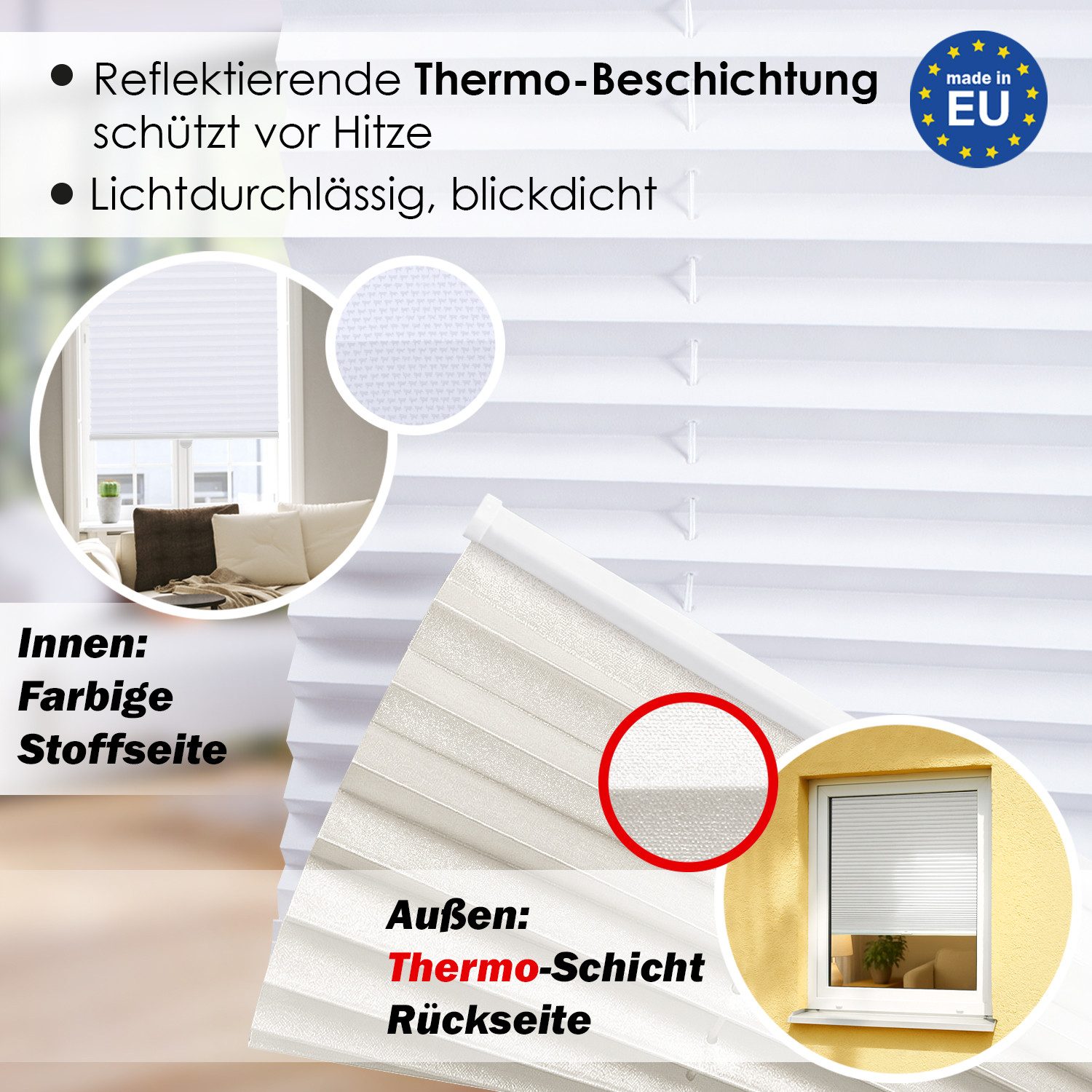 DomDeco Plissee Premium Thermo Plissee ohne Bohren, Sichtschutz, lichtdurchlässig, blickdicht, Klemmfix, Thermo-Wärmeschutz, verdunkelnd, blickdicht, Stufenlos