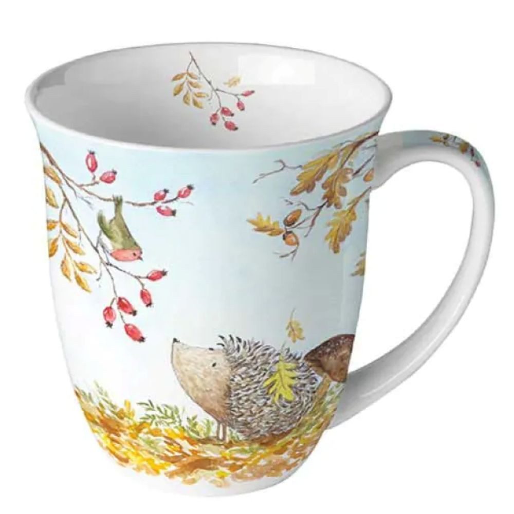 Ambiente Luxury Paper Products Becher Tiere, Wild, Tieren, Wald, Planzen Motiv, Tee/Kaffee Tasse, 1-tlg., Porzellan Mug 0,4 L - Waldblumen, Igel und Rotkehlchen - Niedliche Waldtier-Motive - Ideal für Kaffee, Tee oder Kakao - Dekorativer Geschenkartikel, Festliches und dekoratives Design -Geschenkartikel
