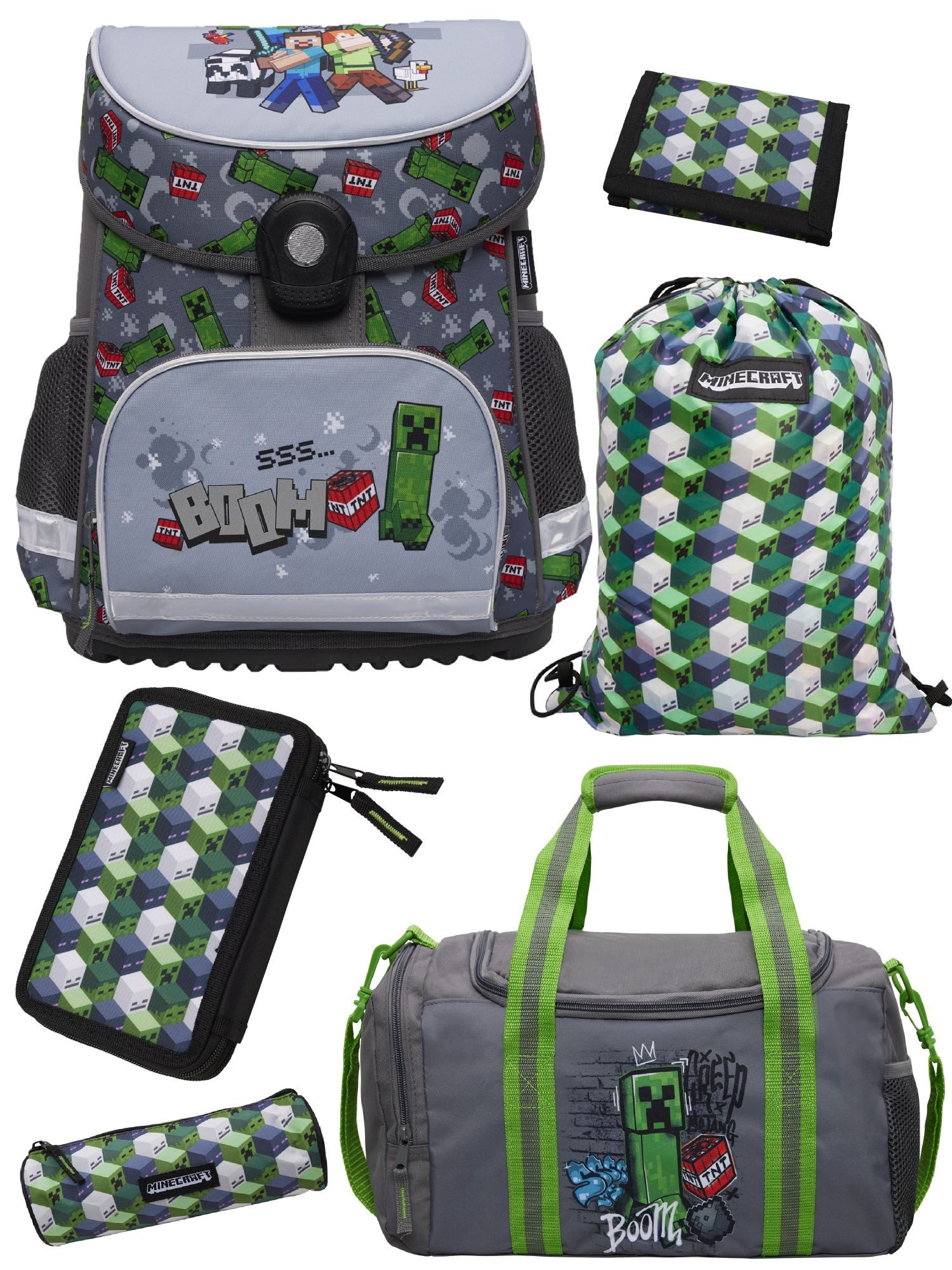 Familando Schulranzen Minecraft 1.-4. Klasse ergonomisch, geräumig, Volumen 18 Liter (Set, 6-tlg., inkl. Federmäppchen und Sporttasche), MINECRAFT Motiv grau