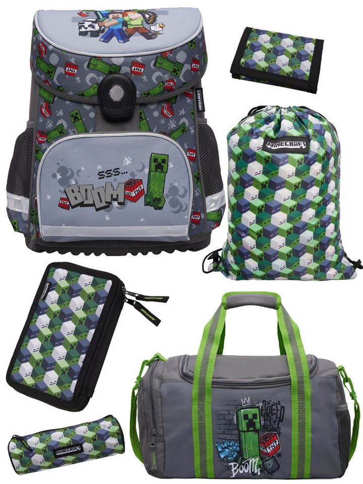 Familando Schulranzen Minecraft 1.-4. Klasse ergonomisch, geräumig, Volumen 18 Liter (Set, 6-tlg., inkl. Federmäppchen und Sporttasche), MINECRAFT Motiv grau