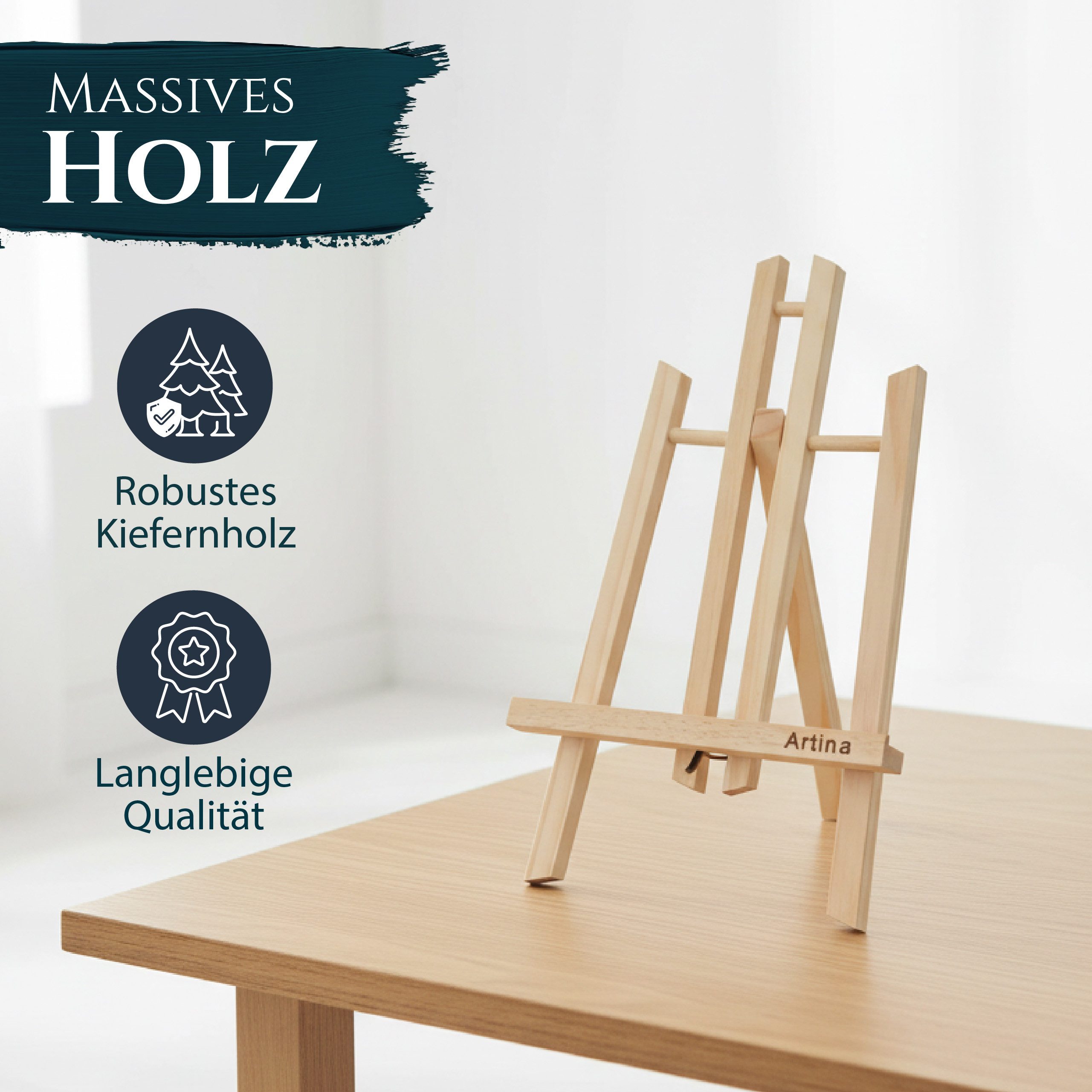 Artina Staffelei Manchester Tischstaffelei klein aus Holz 28cm Mini, Präsentationsstaffelei Display – Staffelei für Bilder, Menü Karten