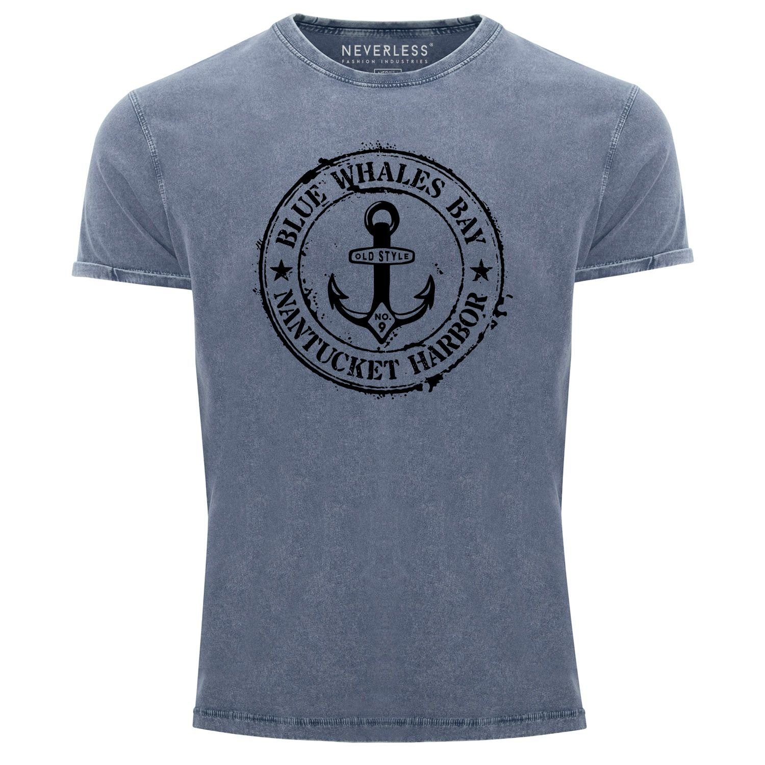 Neverless Print-Shirt Herren Vintage Shirt Anker Motiv maritim Retro Anchor Badge Vintage Printshirt Used Look Slim Fit Neverless® mit Print blau