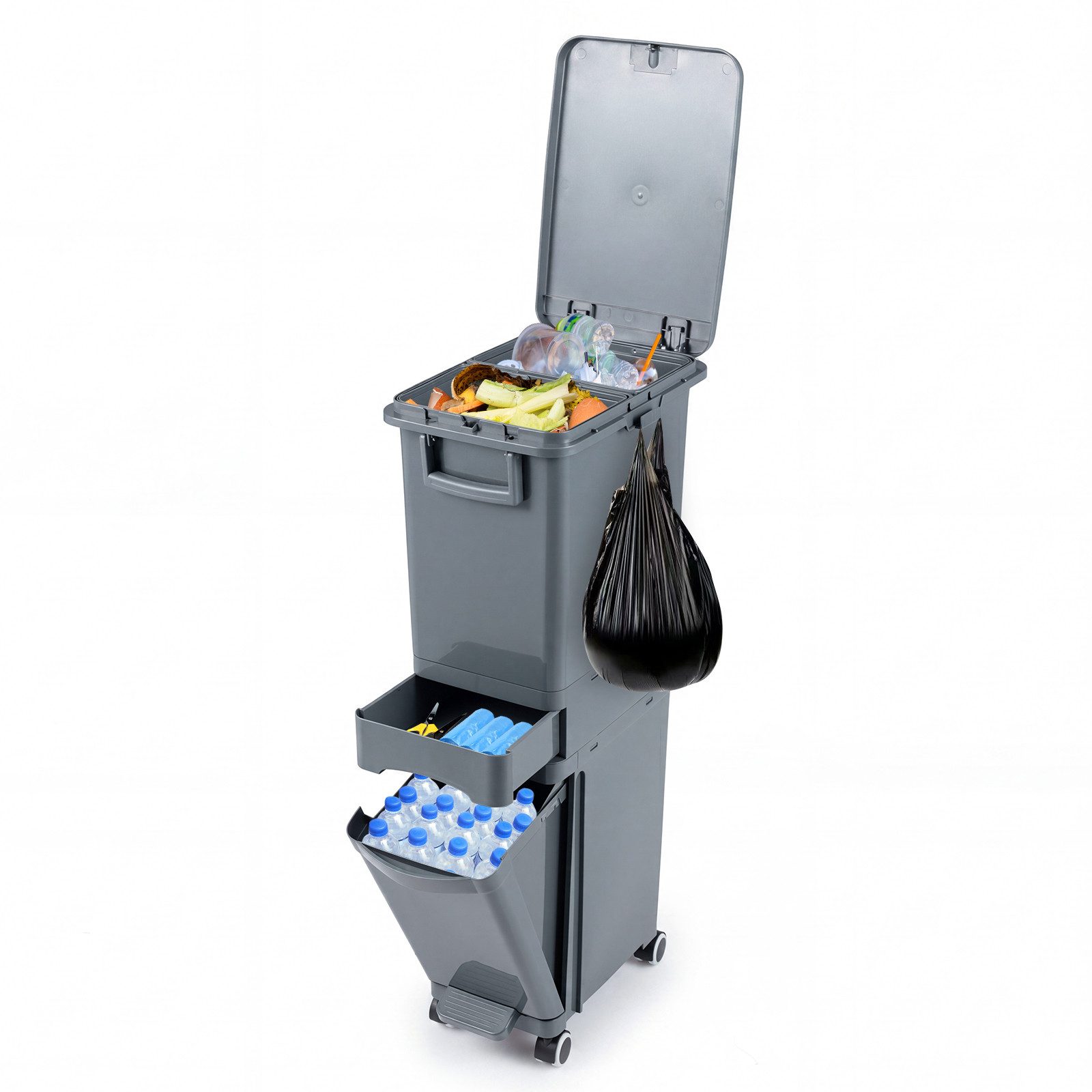 COSTWAY Mülleimer Küche, mit Deckel & Rollen, 2 Fächer, 32L Abfalleimer, Tretmülleimer