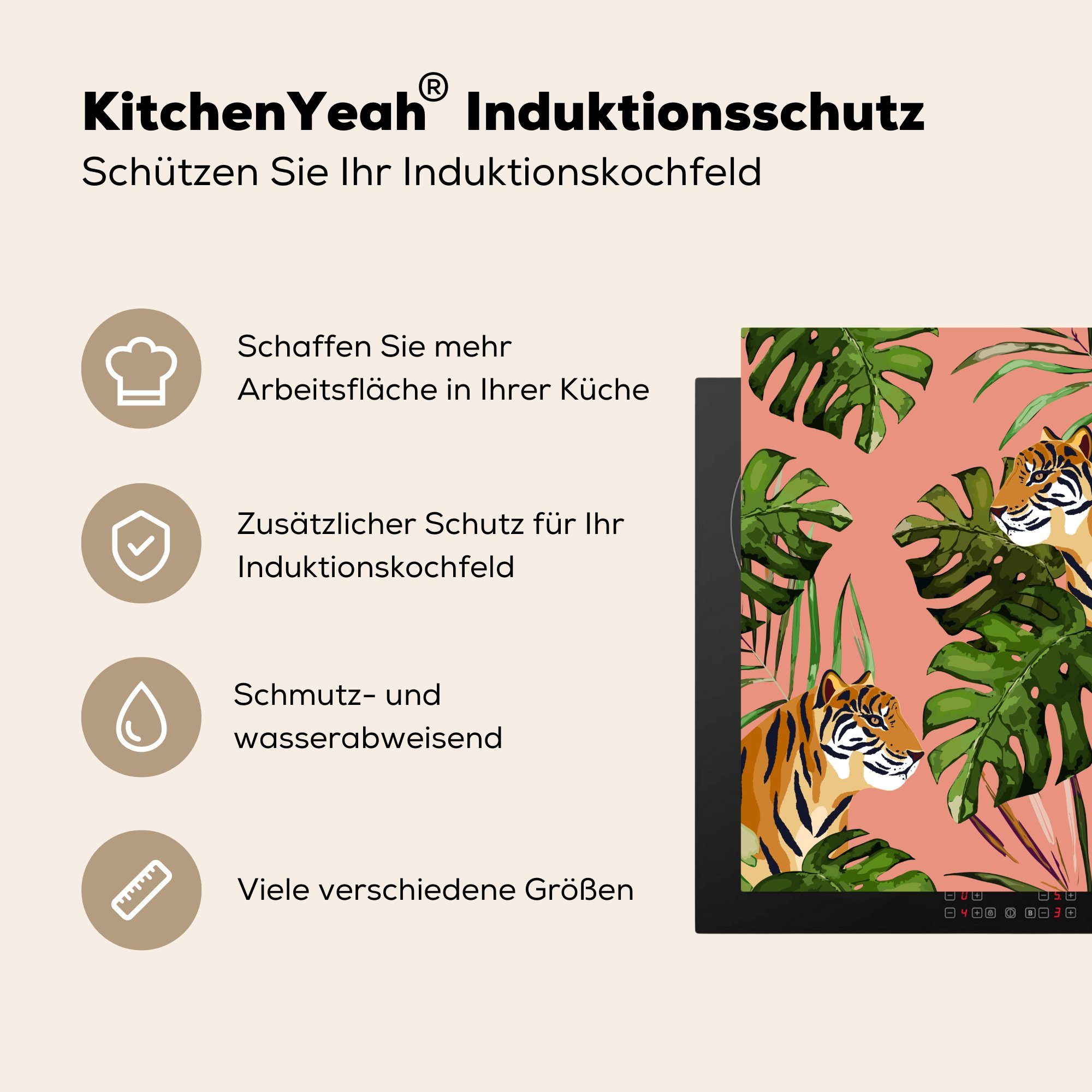 MuchoWow Botanisch, tlg), 78x78 - (1 Arbeitsplatte Monstera Vinyl, Herdblende-/Abdeckplatte Tiger - für Ceranfeldabdeckung, küche cm,