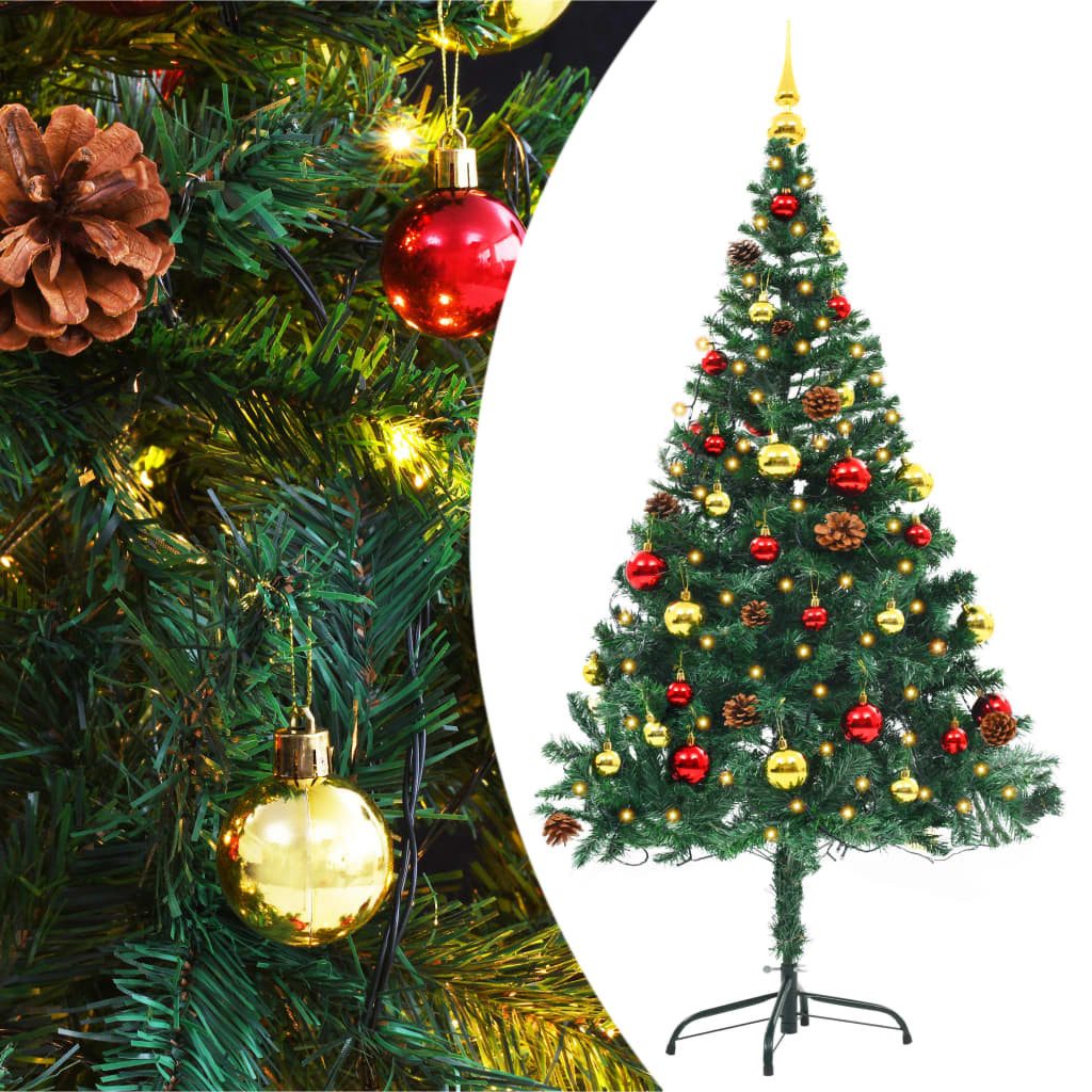 vidaXL Künstlicher Weihnachtsbaum 150 x 80 cm Künstlicher Weihnachtsbaum mit Kugeln und LEDs Grün 150 cm