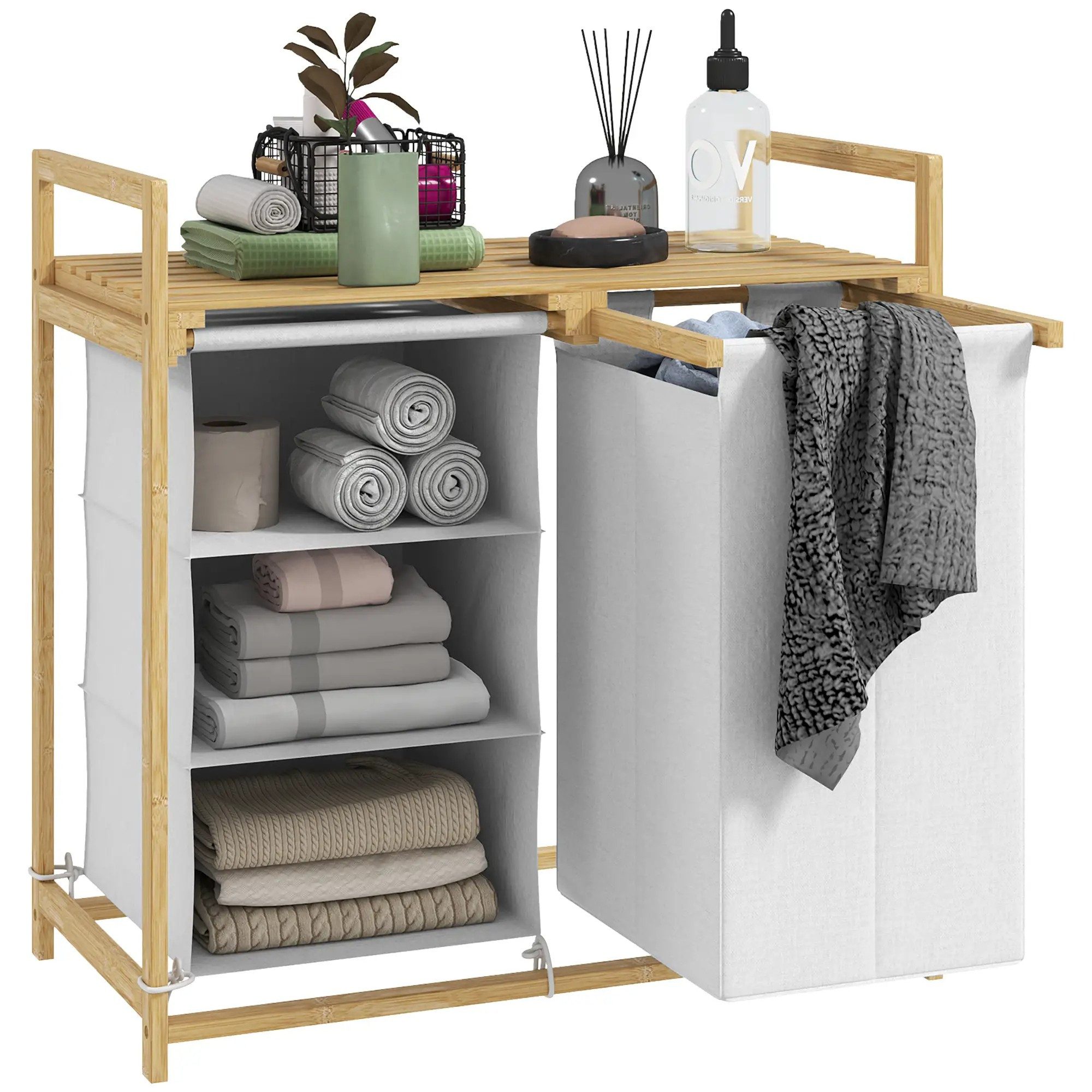 BlingBin Wäschekorb mit Wäschesack, Stoffschublade, Bambus (Wäschesortierer, 1 St., 70x36x70 cm), mit 2 ausziehbaren & abnehmbaren Wäschesäcken aus Vliesstoff, Ablage