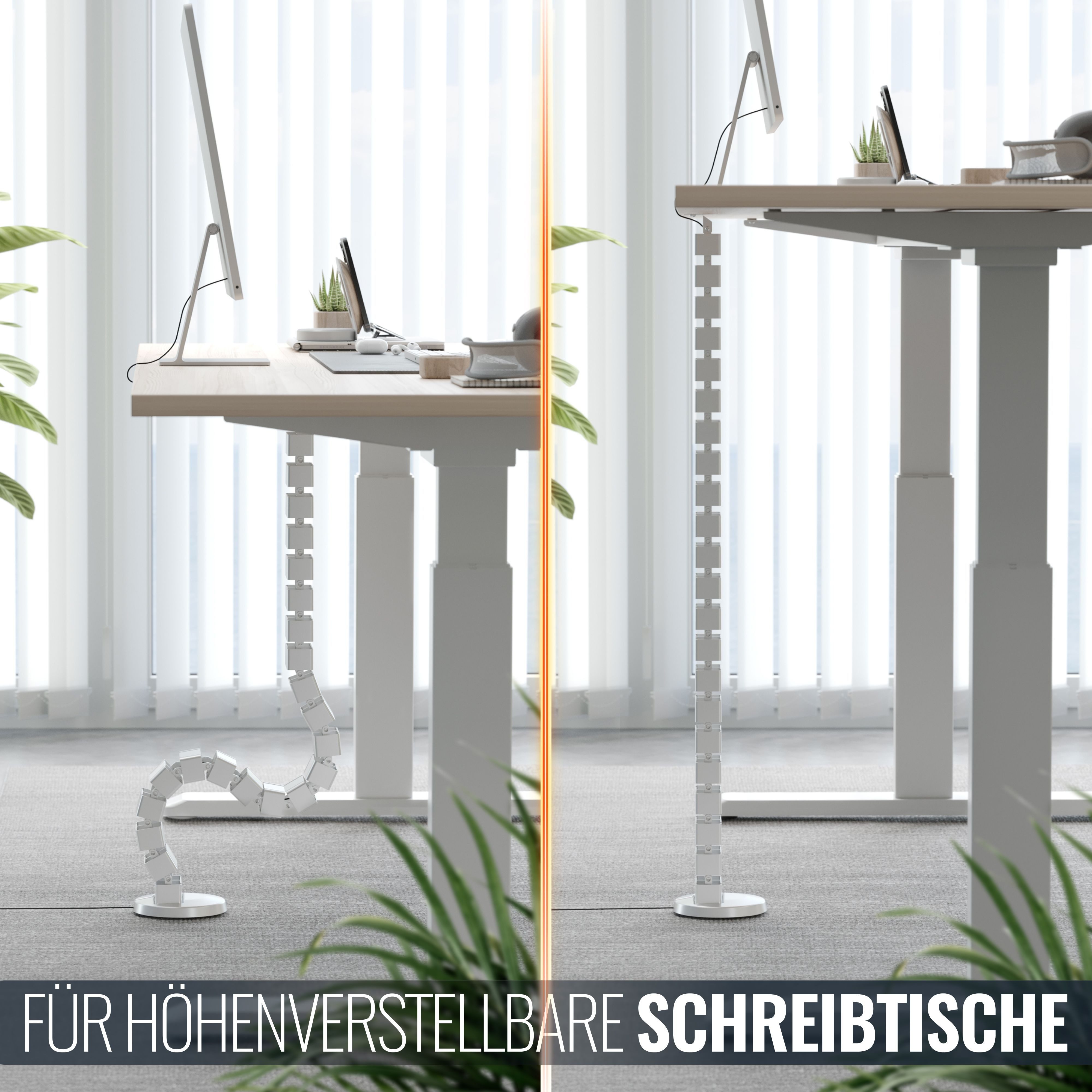 RICOO Kabelführung Flexibler Kabelkanal aus ABS mit einzelnen Wirbeln silber Z0101-S (Aus ABS-Kunststoff, 1280mm Gesamtlänge, Wirbelsäulen-Aufbau, 1-St., Kabelführung 128cm, Größe der Elemente 68 x 36 x 42 mm, kürzbar), Kabelkanal flexibel Wirbel-System Kabelmanagement am Schreibtisch