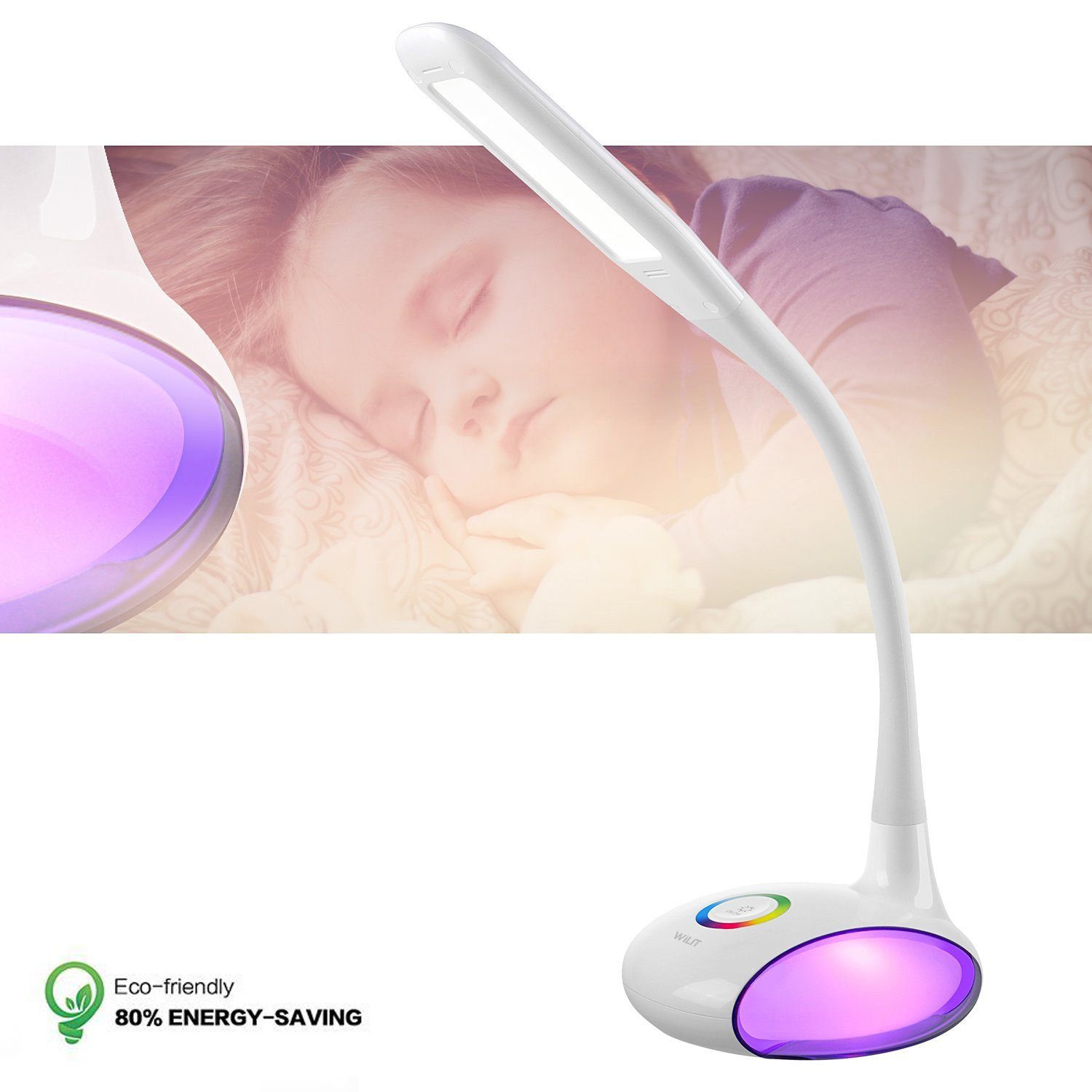 WILIT LED Schreibtischlampe Kinder fest Touch, Tischlampe mit mit 3 Dimmbar integriert, 256 Farblicht, Helligkeitsstufen RGB Tischleuchte LED Kinderzimmer für Felxibel