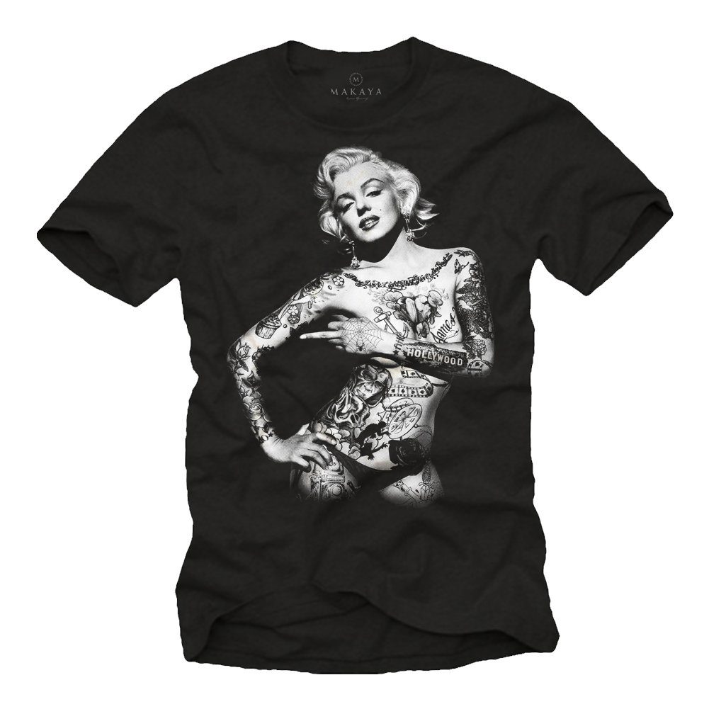 aus Druck, Baumwolle Motiv Print-Shirt mit mit Tattoo Aufdruck Vintage - MAKAYA Männer T-Shirt Marilyn Schwarz