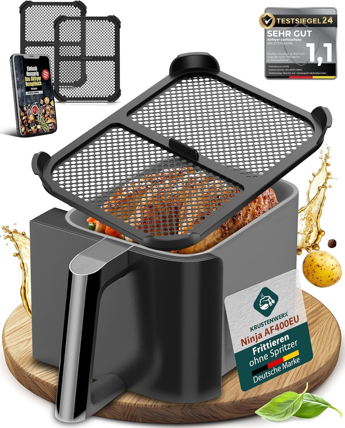 Krustenwerk Airfryer-Grillrost 2x Premium Spritzschutz, Ninja Heißluftfritteuse Zubehör (Set, 2-St), Airfryer, Airfryer-Zubehör, Spritzschutz Kochen