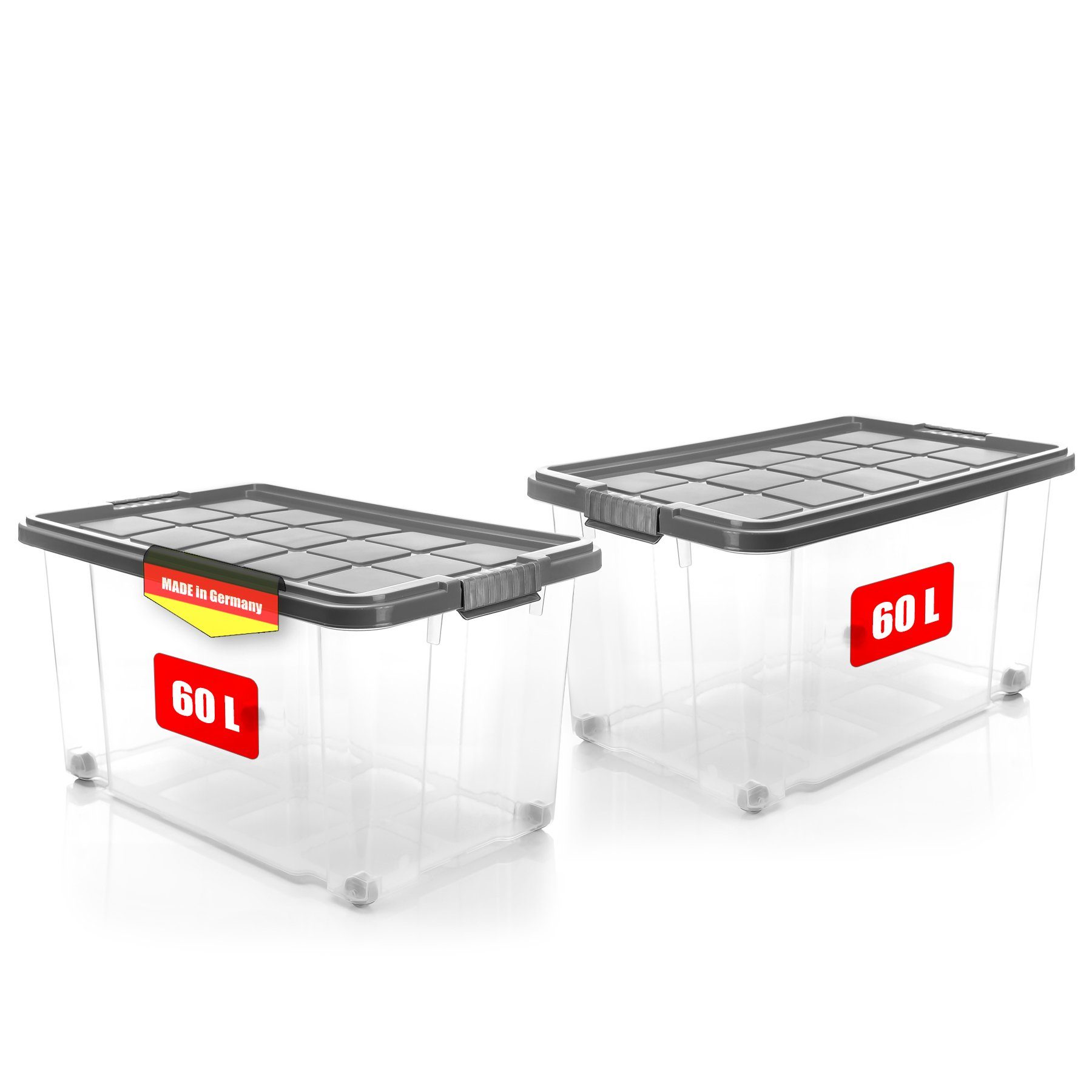 BigDean Aufbewahrungsbox 2x 60 L Aufbewahrungsbox mit Deckel + Rollen  stahlgrau Stapelbox