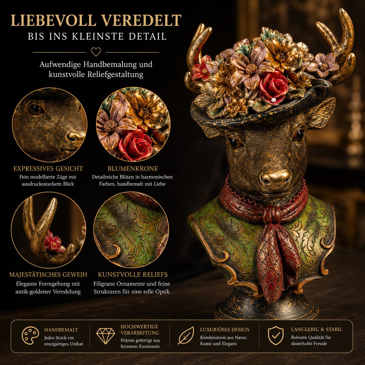 formano Dekofigur Hirsch Büste Deko Hirschkopf Skulptur 40 cm Dekofigur aus Kunststein