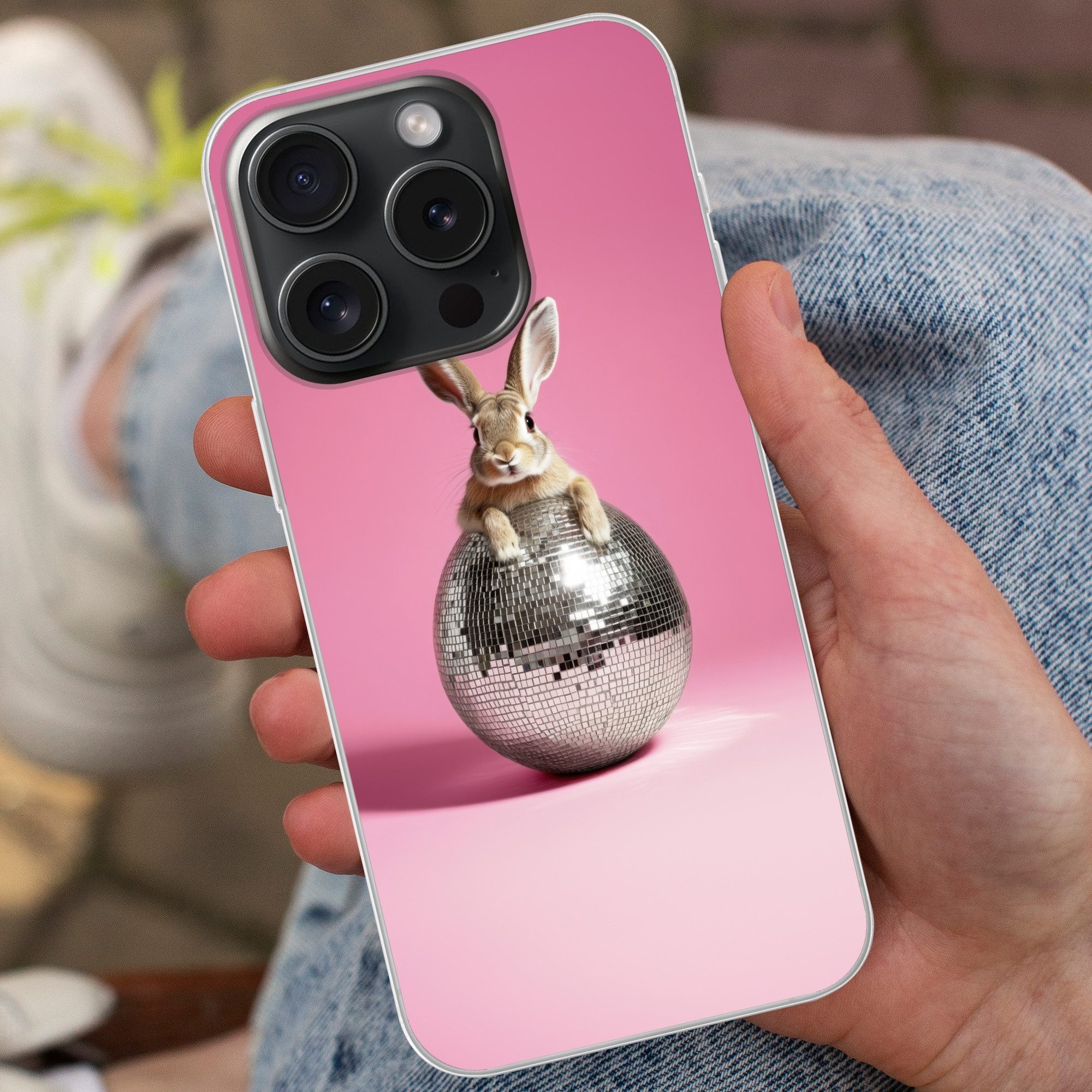 MuchoWow Handyhülle für Apple iPhone 15 Pro Hase - Schleife -Diskokugel, Smartphone-Bumper, Print, Handy Schutzhülle Dünn