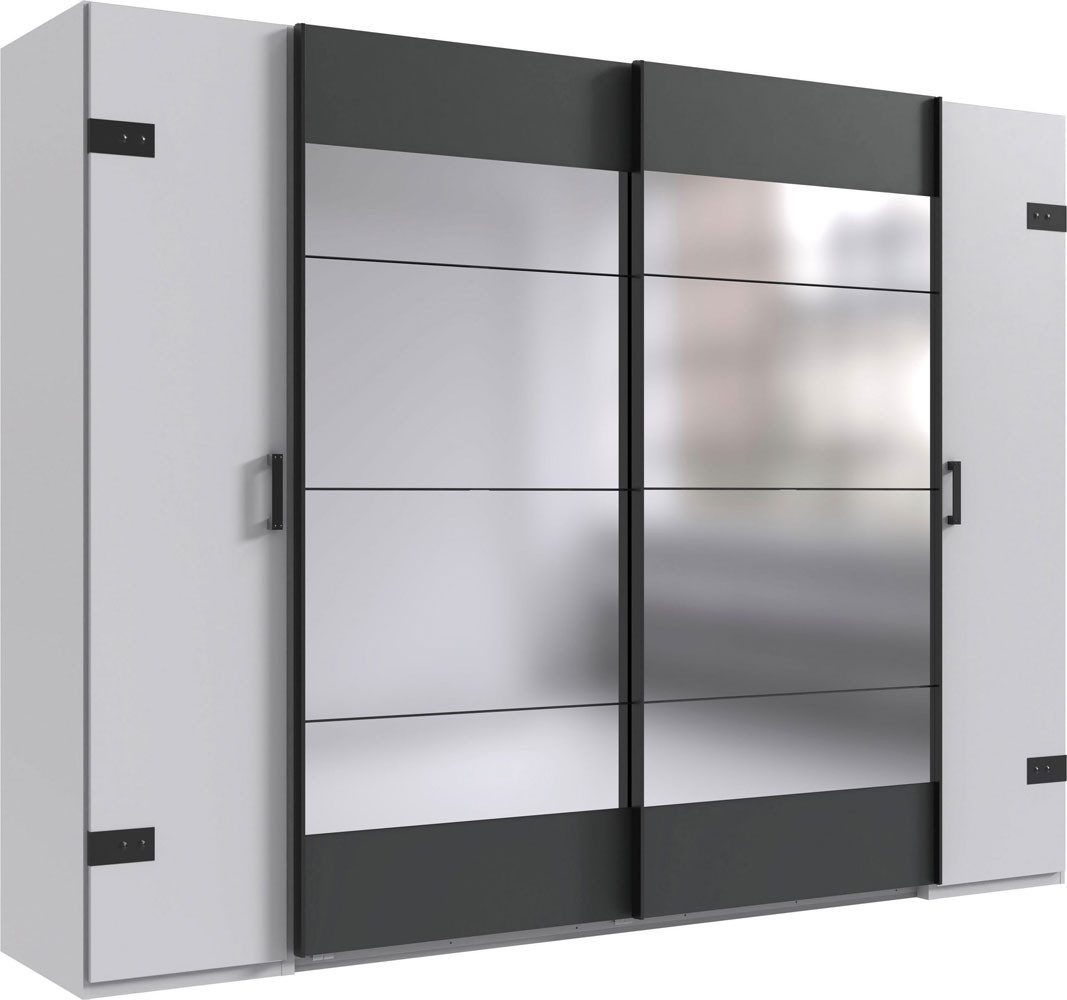 Wimex Dreh-/Schwebetürenschrank Stockholm (Schiebetüren, Drehtüren, Einlegeböden, Kleiderstangen, 1-St., Industrie Design, mit Spiegel, Bügelgriffe und Griffleisten in schwarz) 270x65x210cm weiß graphit
