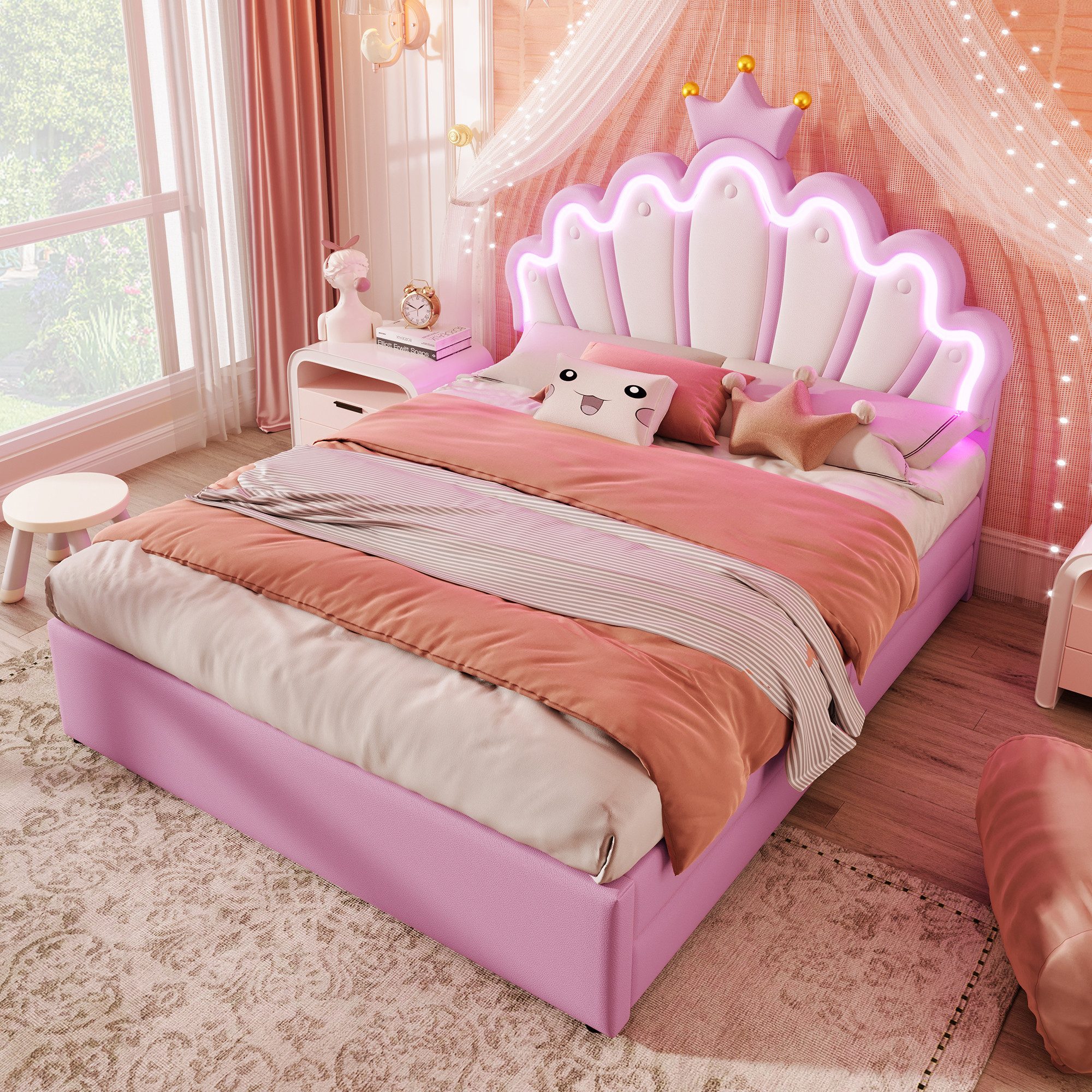 Flieks Polsterbett, LED Kinderbett mit krone-Form Prinzessinnenbett 140x200 günstig online kaufen
