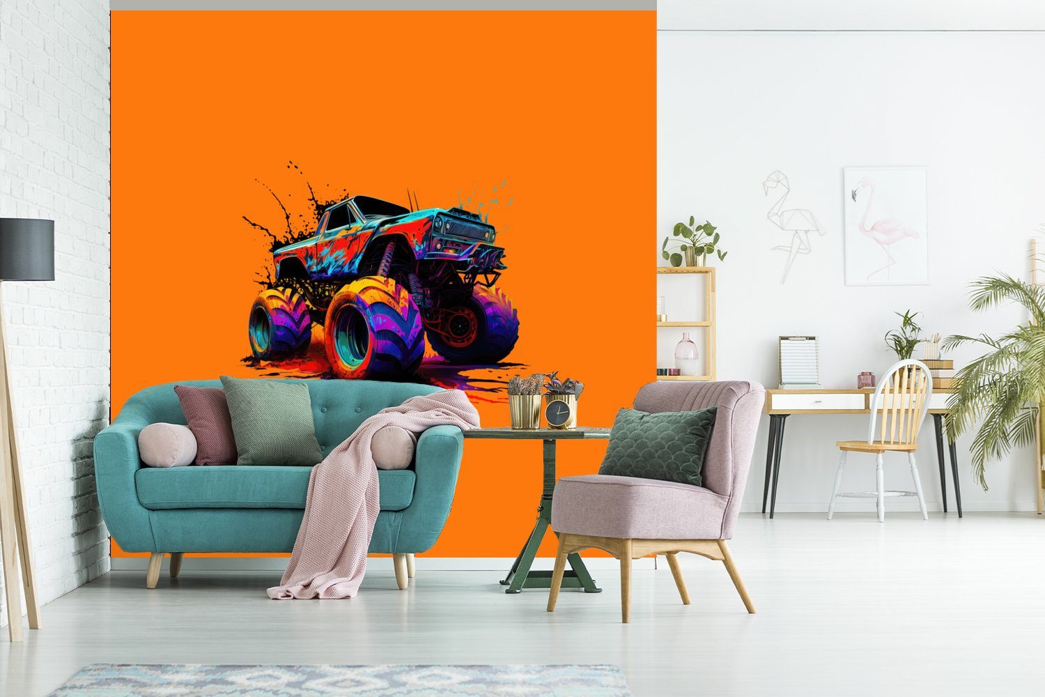 Wohnzimmer Monstertruck (4 Vliestapete Farbe für MuchoWow Orange, bedruckt, Fototapete - Fototapete - St), - Neon Matt, Schlafzimmer Küche,