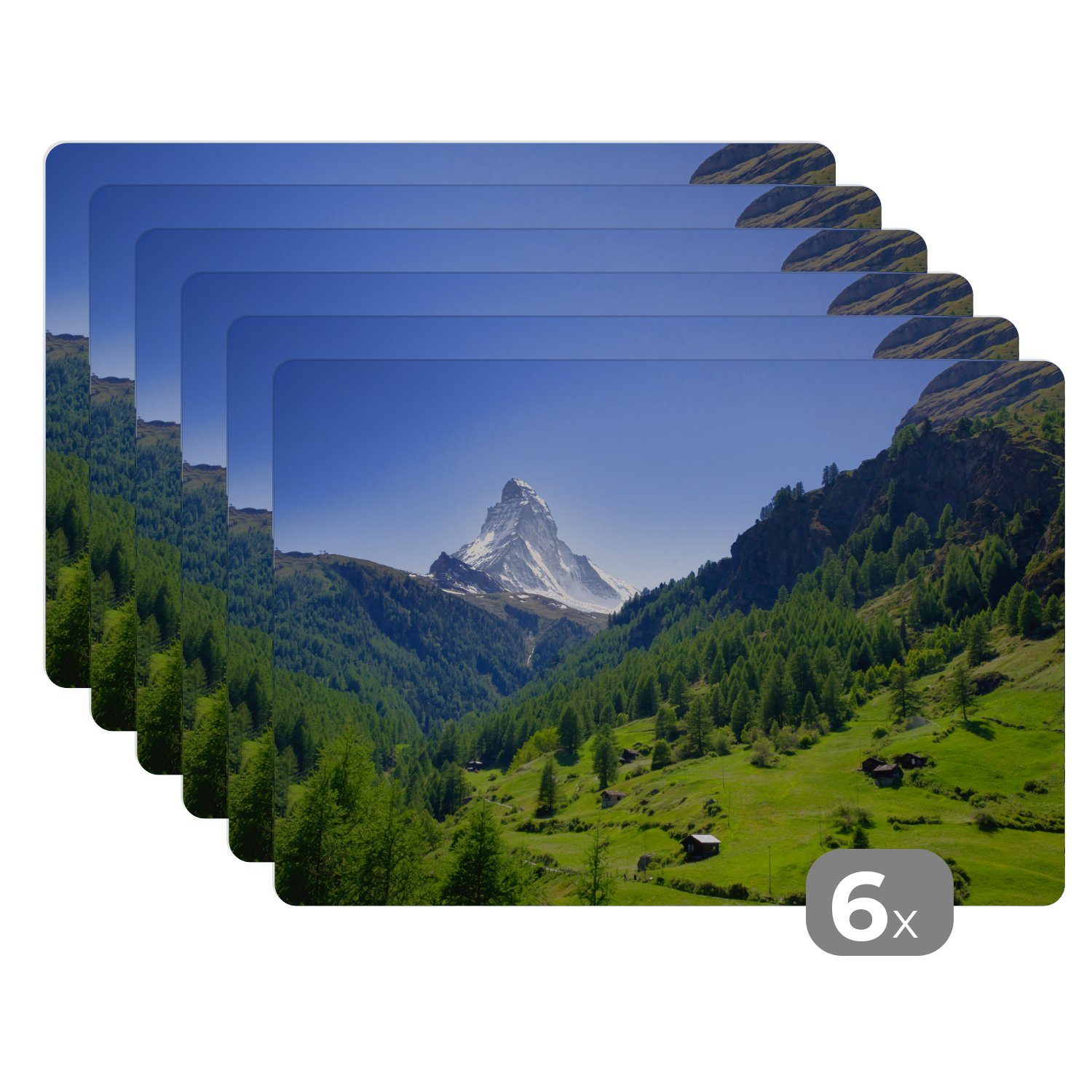 Platzset, Schweizer Alpen im Matterhorn mit grünen Bäumen, MuchoWow, (6-St), Platzset, Platzdecken, Platzmatte, Tischmatten, Schmutzabweisend